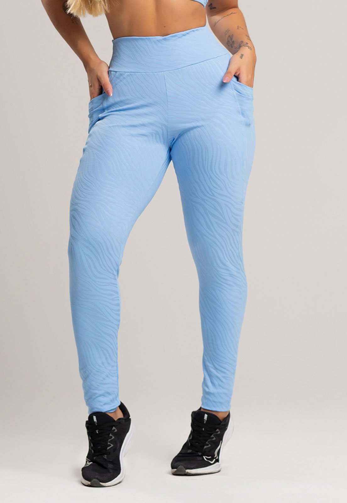 Calça Legging MVB Modas Bolsos Cintura Alta Feminina Fitness Jacquard Azul