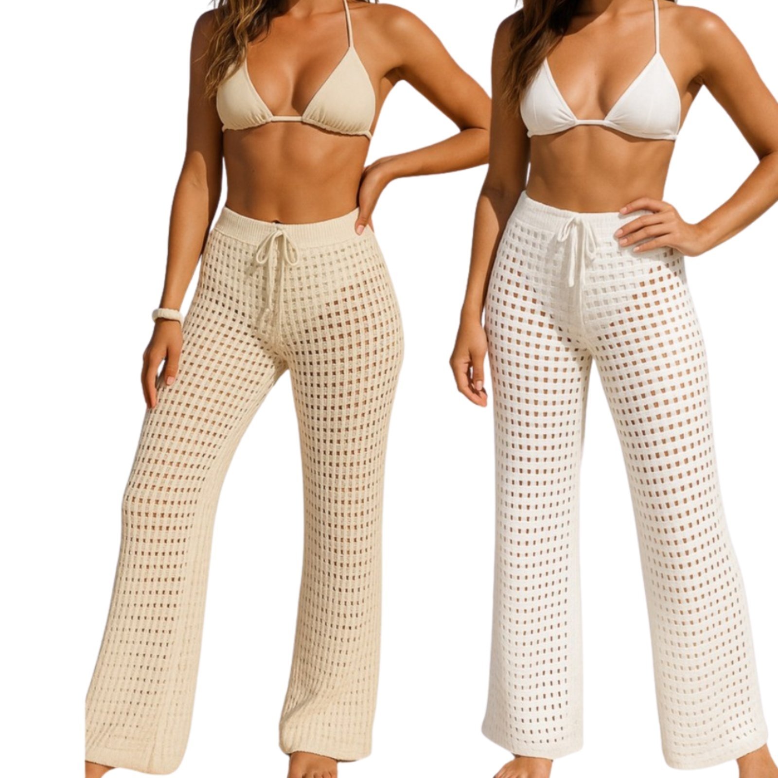 Kit 2 Calça Tricot Reflexo Íntimo Saída De Praia Pantalona Crochê Verão Branco e Off White