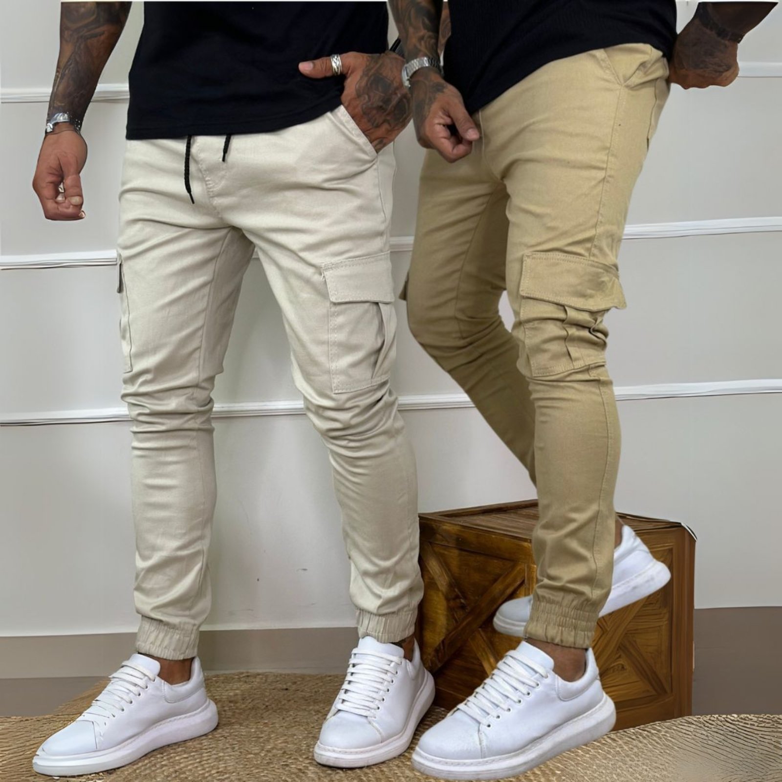 Kit 2 Calça Jogger Cargo Masculina Bege e Off White Linha Premium 100% Algodão
