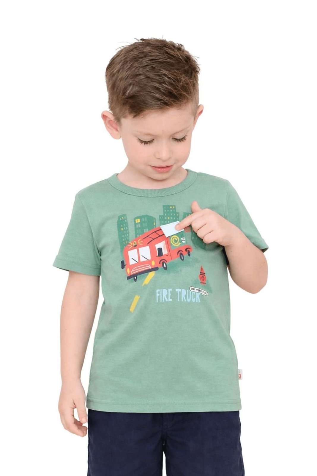 Infantil - Camiseta Menino Fire Truck Alphabeto Serrado Verde