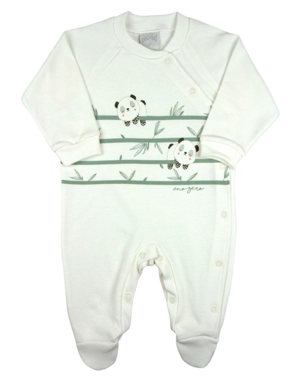 Infantil – Macacao Menino Suedine Algodão Manga Longa Comprido Silk Screem Ursinhos Panda – Natural