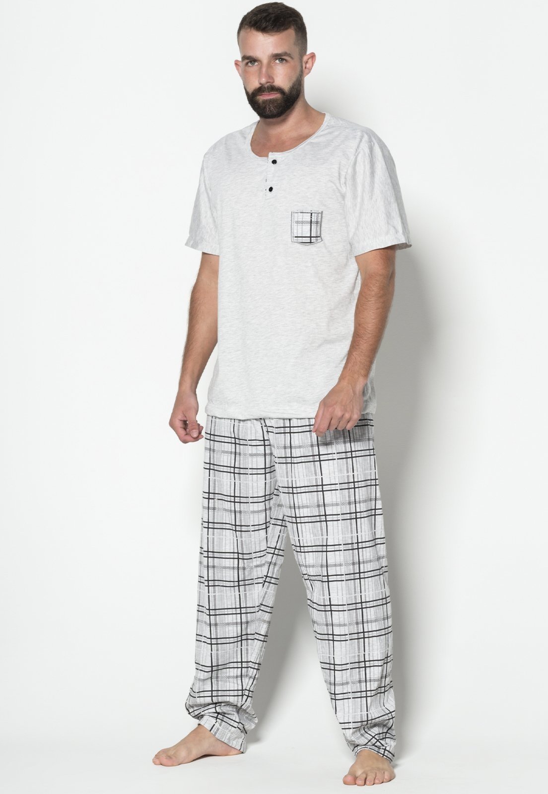Pijama Masculino WLS Modas Calça Comprida e Manga Curta Cinza
