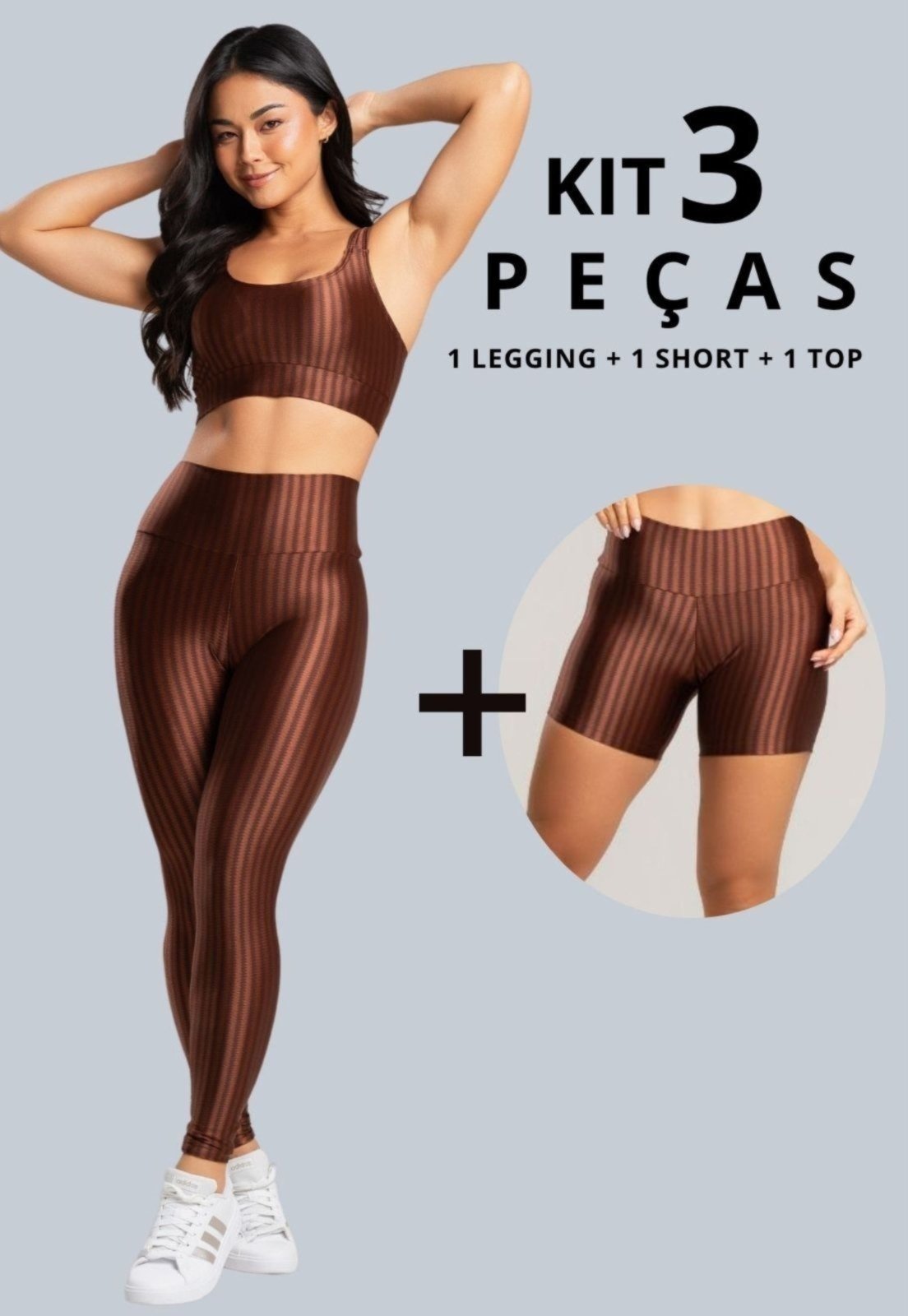 Combo Serra e Mar Modas Kit 3 Peças Fitness Feminino Conjunto Academia com Legging, Short e Top Bojo Removivel em New Zig Brilhoso Marrom