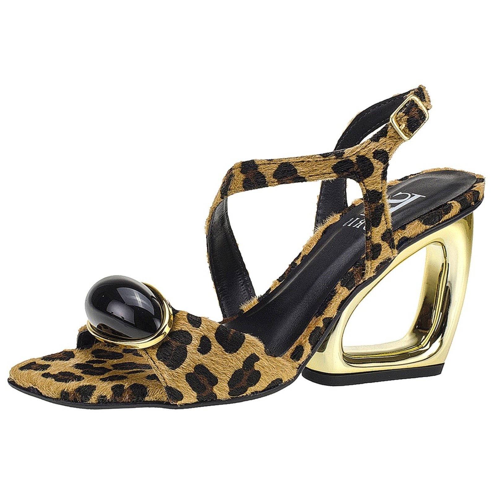 Sandália Lóris Shoes Feminina Salto Estilizado Metálico com Enfeite ABS Salto Médio Fashion 2001 Onça