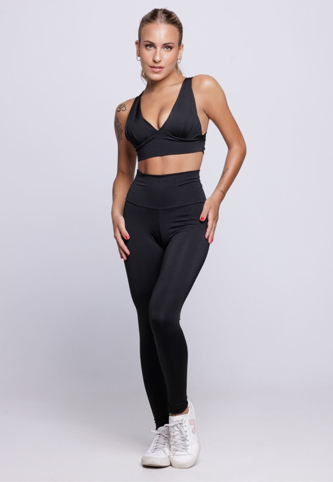 Conjunto Top Bojo e Calça Fitness Bella Fiore Modas Academia Cintura Alta Preto