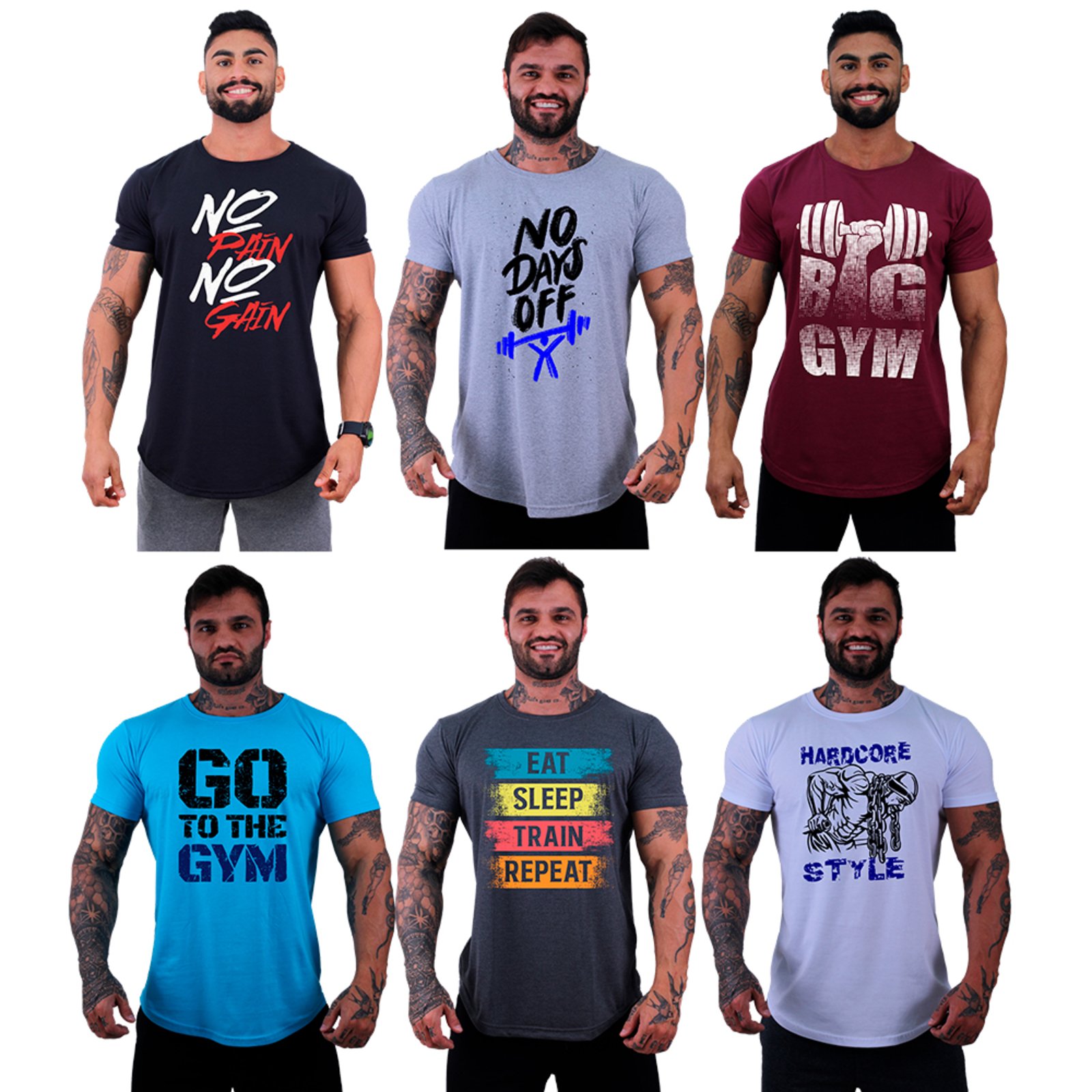 Kit 6 Camiseta Longline Masculina Alto Conceito Slim Preto, Mescla, Bordô, Azul Piscina, Grafite e Branco