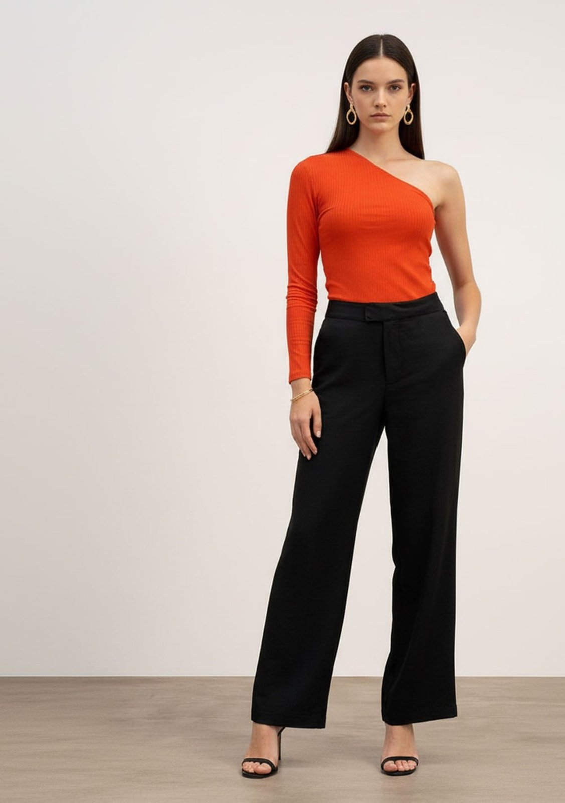 Blusa Iódice Ajustada Um Ombro Só Manga Longa Padrão Laranja
