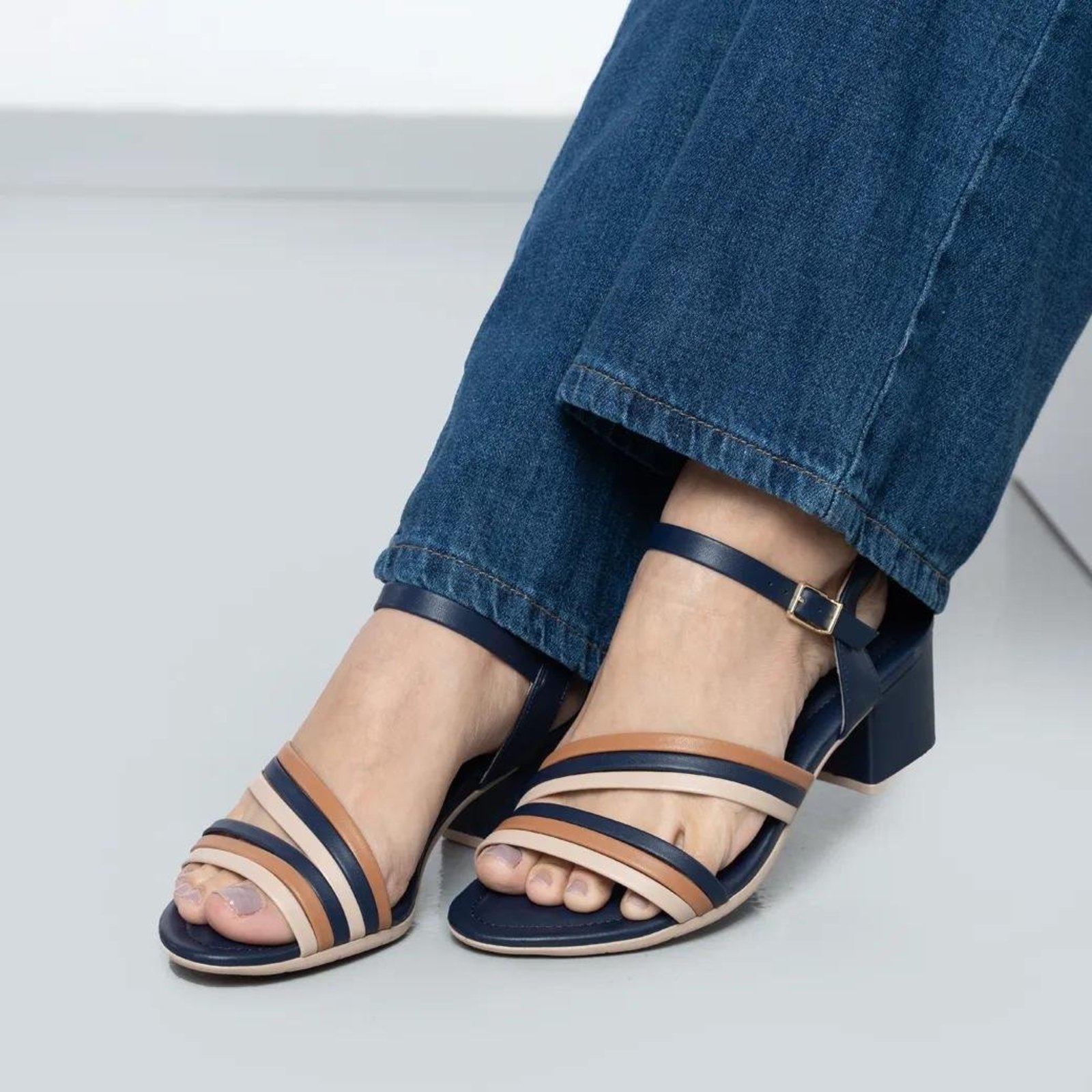 Sandália Salto Bloco Comfortflex Feminina Anatômica Azul Marinho