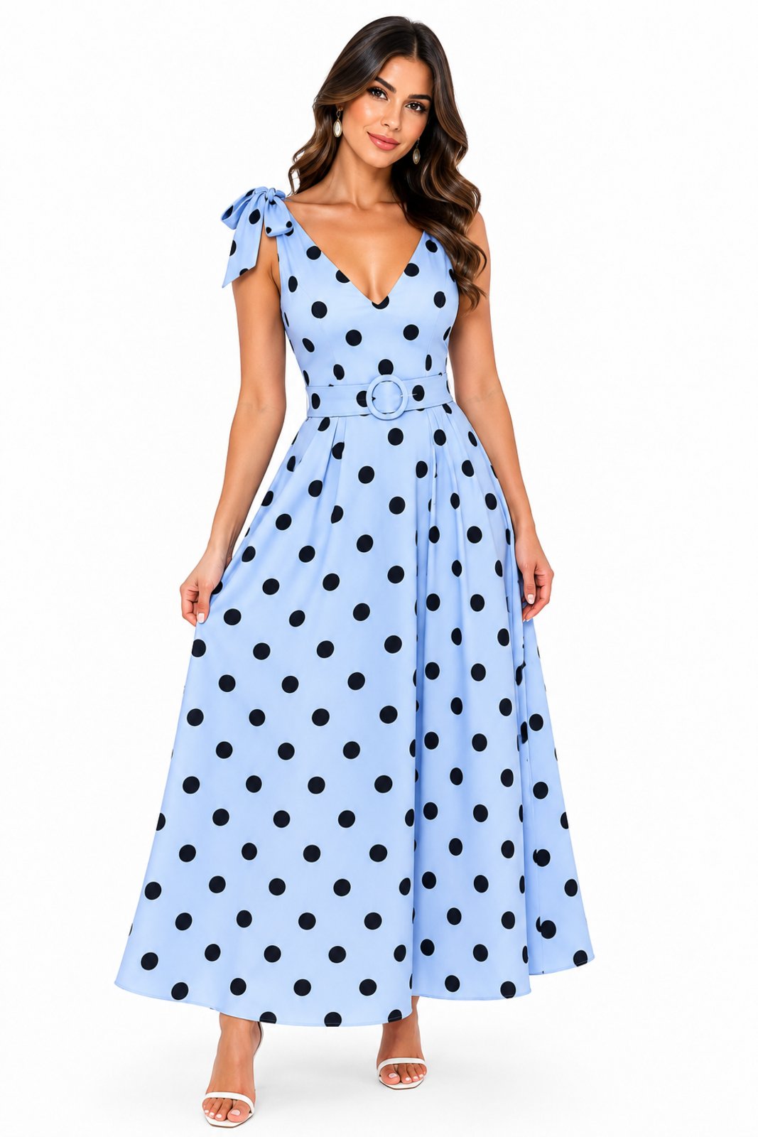 Vestido Midi D Bell Outlet Fashion Poá com Cinto Azul Claro
