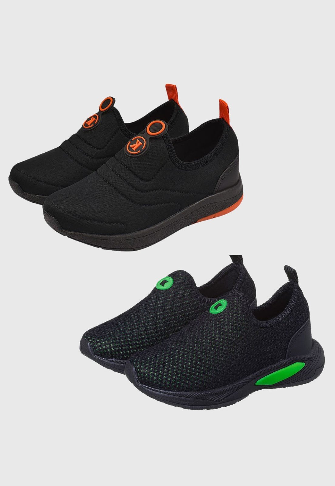 Infantil – Kit 2 Pares Tênis Meia Calce Facil Masculino Preto Verde e Preto Laranja K tep
