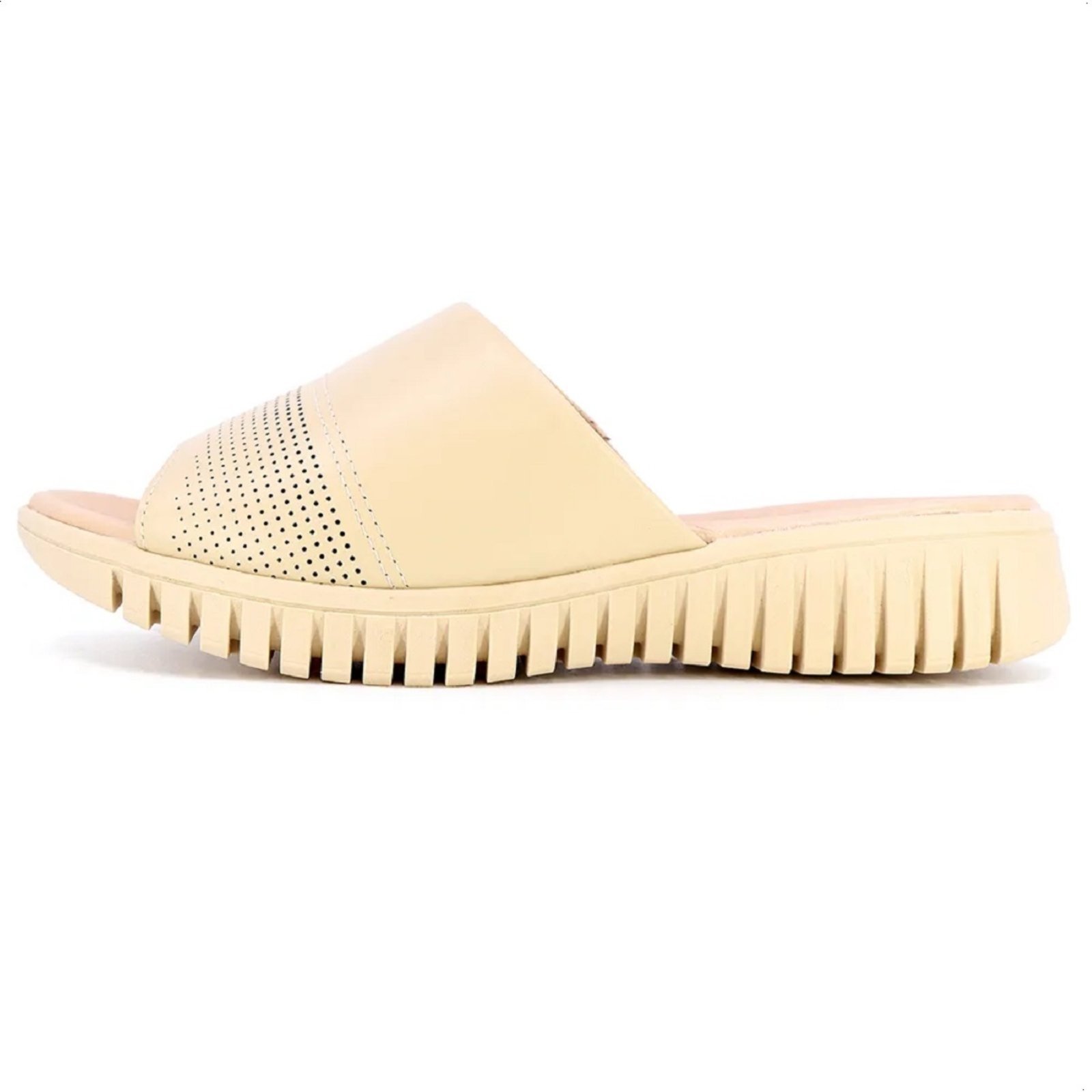 Chinelo Slide Usaflex salto plataforma com cabedal em couro Bege