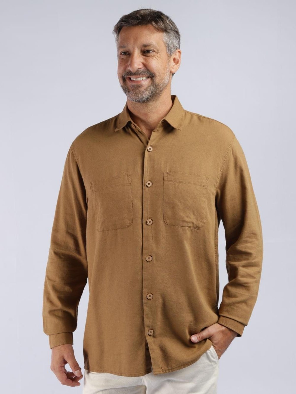 Camisa Linho Confort Vels Masculina CARAMELO