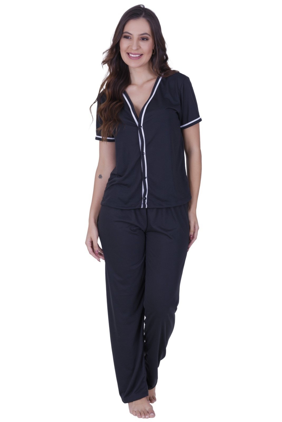 Pijama Americano Amamentação com Botão Feminino Longo Terra e Mar Manga Curta Pós Parto Preto