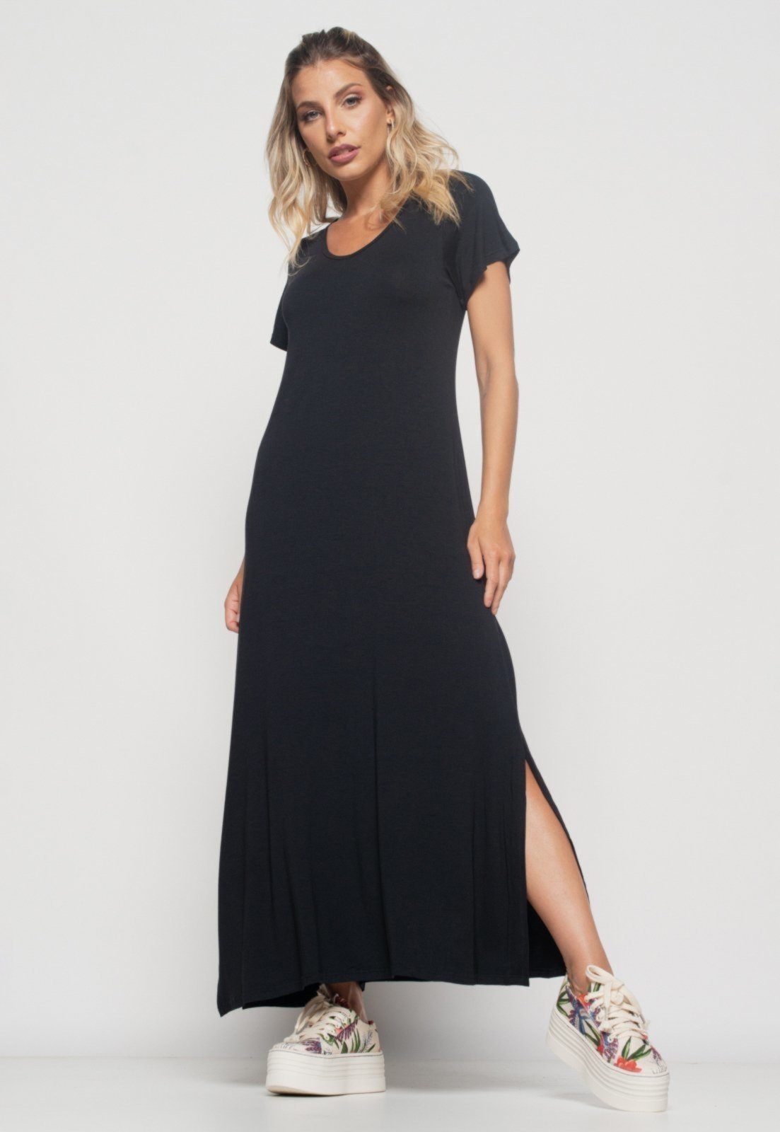 Vestido Salvatore Longo Manga Curta Malha Preto