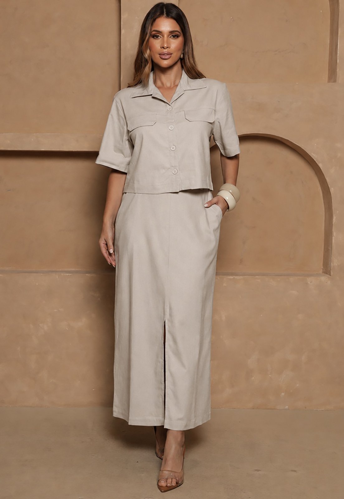 Conjunto Nanda BBonnie Feminino Camisa Cropped e Saia Longa com Linho Bege