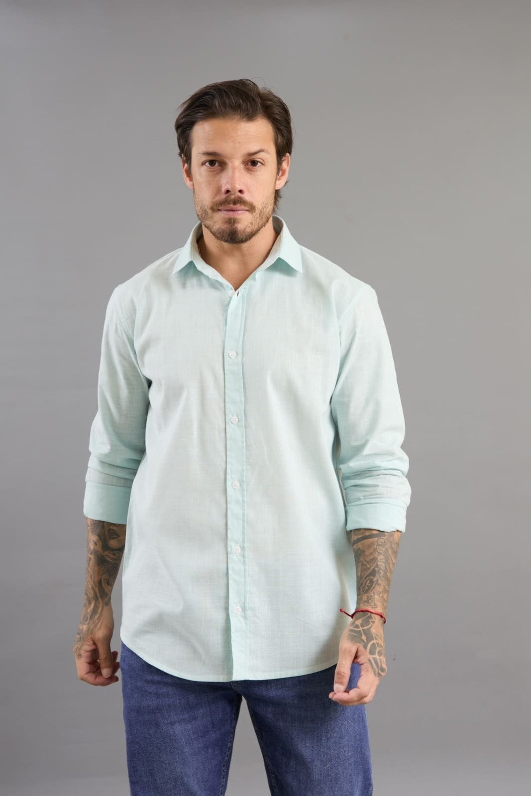 Camisa Social Masculina Manga Longa Diálogo Jeans Verde