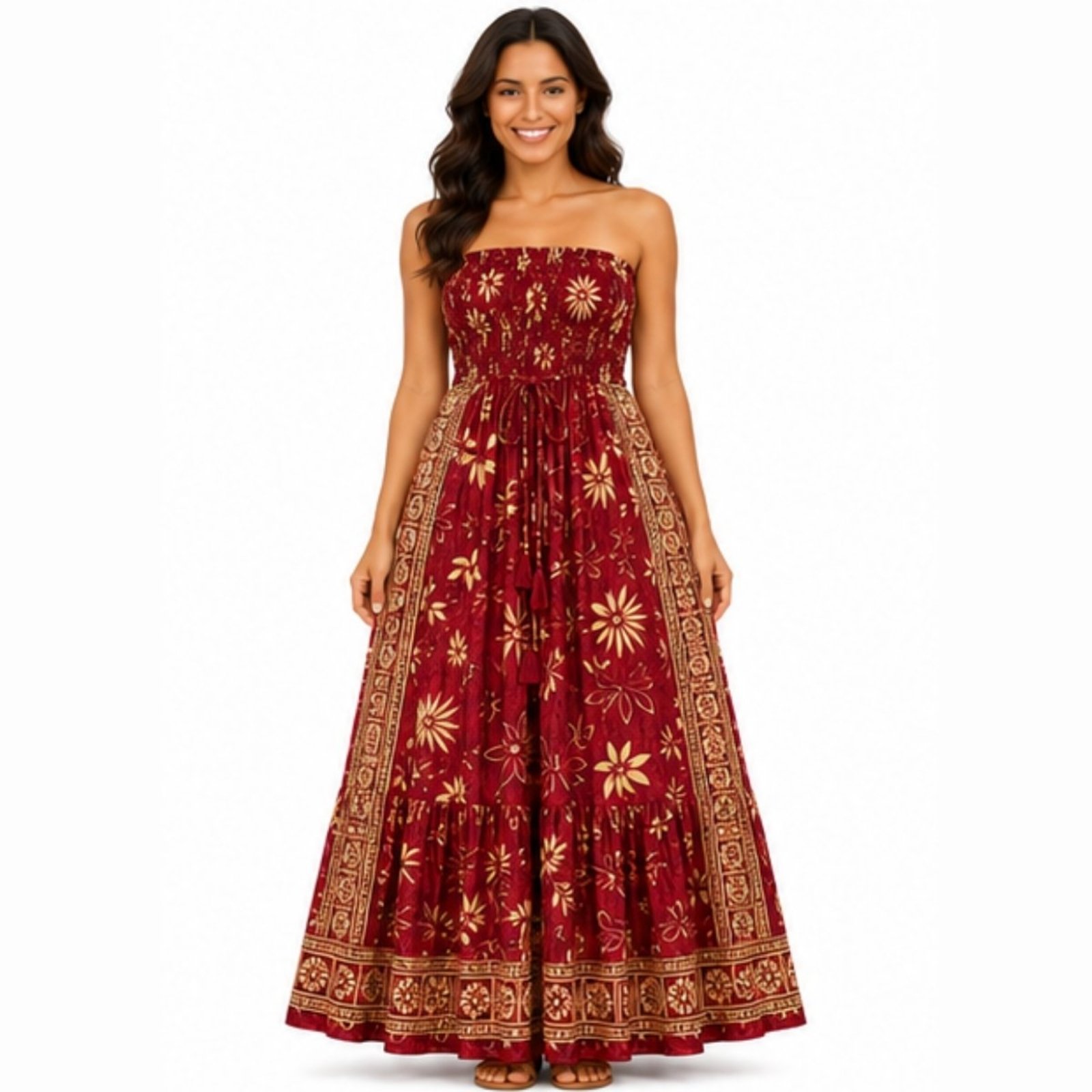 Vestido Longo Feminino Indiano Tomara que Caia com Lastex Bordô