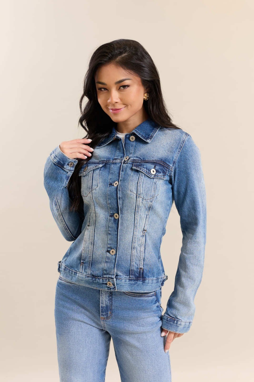 Jaqueta Jeans Feminina Tradicional Marmorizada Lemier Collection