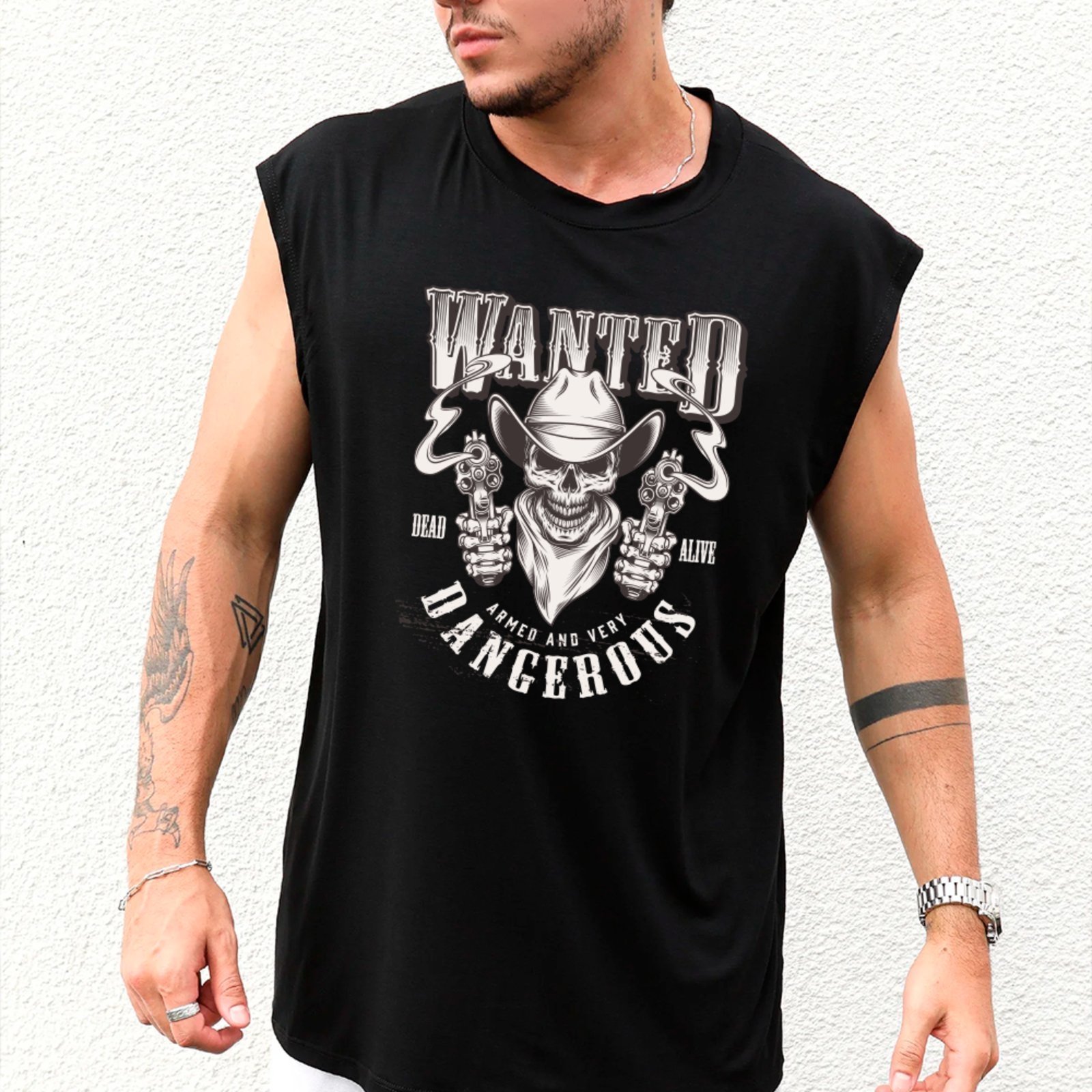 Camiseta Regata Machão Country Wanted Dead Or Alive Estilo Autêntico Western Masculina Preto