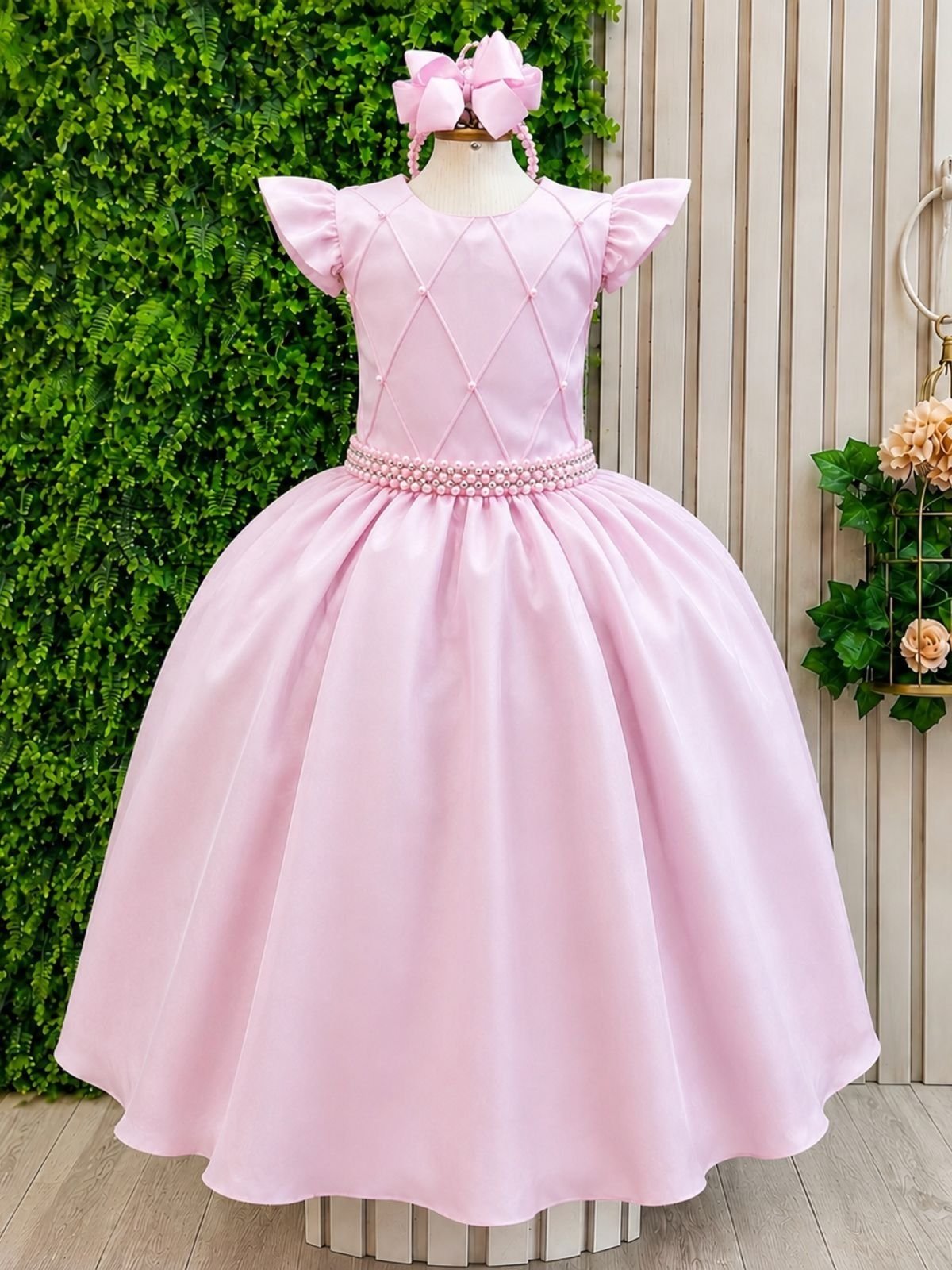 Infantil - Vestido Longo Social Rosa Claro Festa Formatura Casamento Pérolas Dama Daminha Menina Juvenil Princesa Rodado Florista Aniversário Luxo