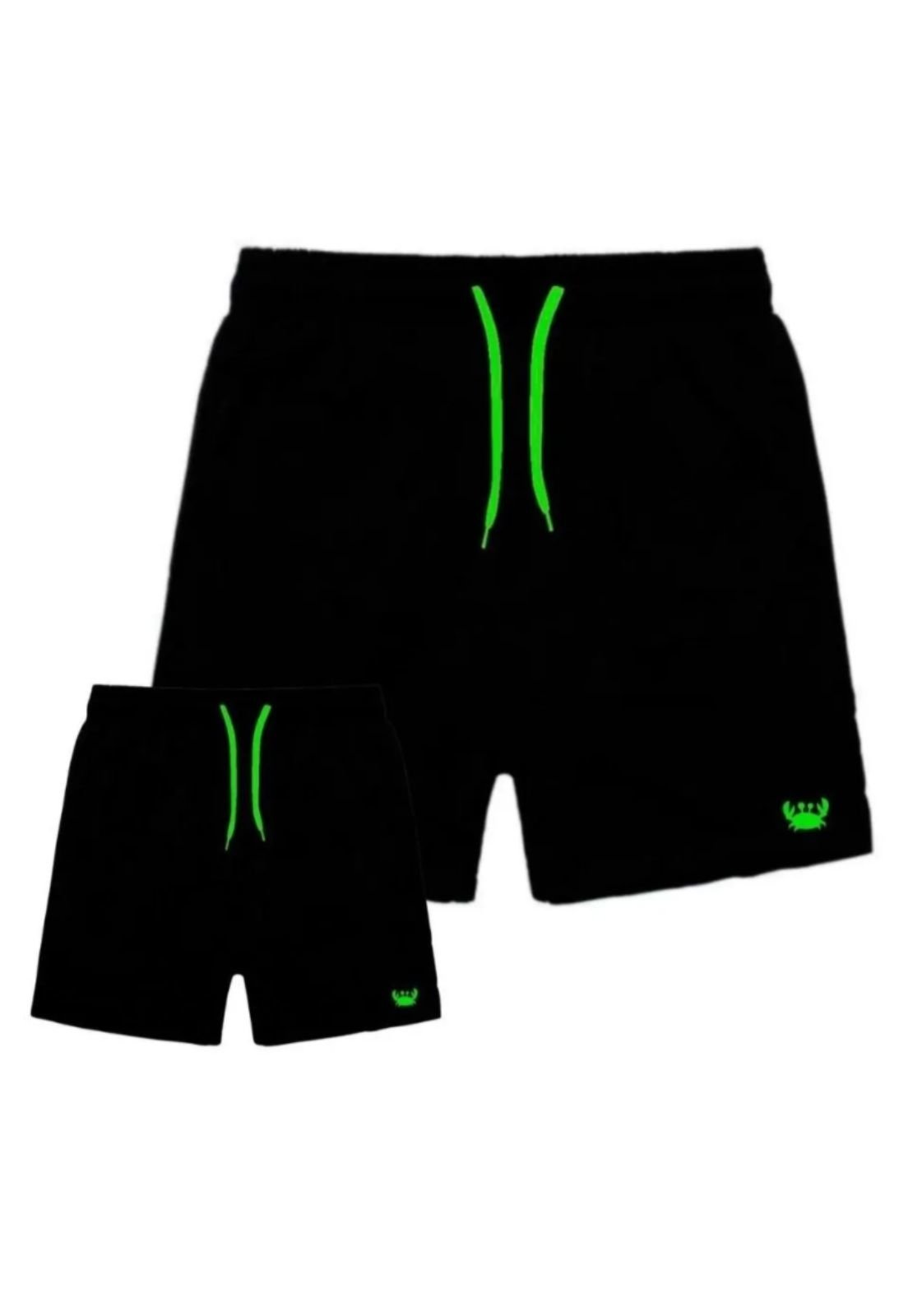 Kit Short Bermudas Pai e Filho Relaxado Moda Praia Piscina Detalhe Verde