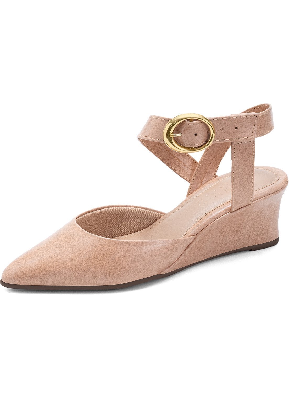 Scarpin Feminino Lumiss Anabela Salto Baixo Bico Fino Fivela Elegante Confortável Nude