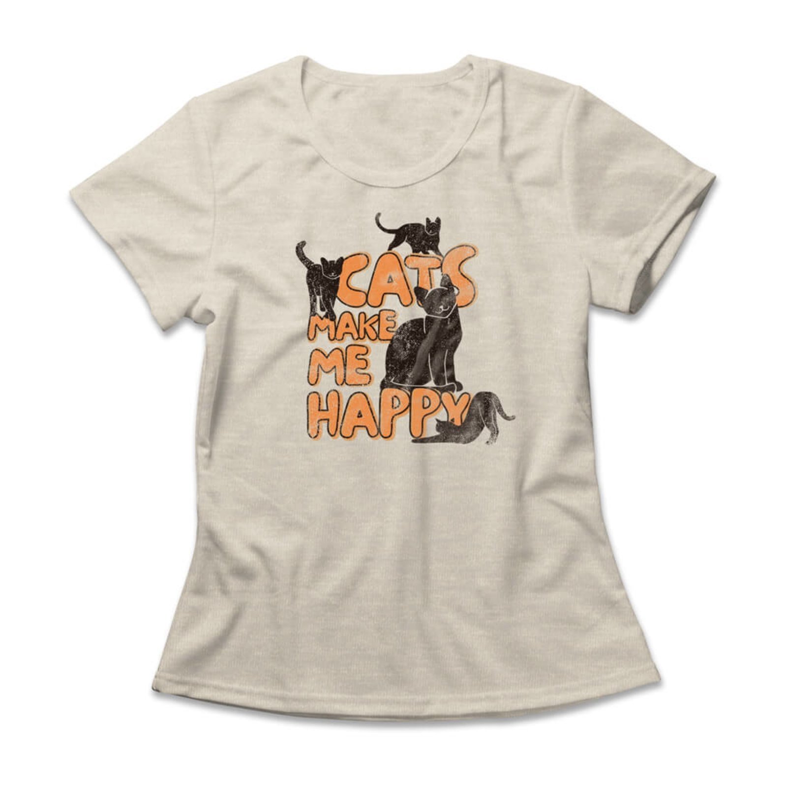 Camiseta Feminina Cats Make Me Happy – Mescla Banana – Casual – Studio Geek