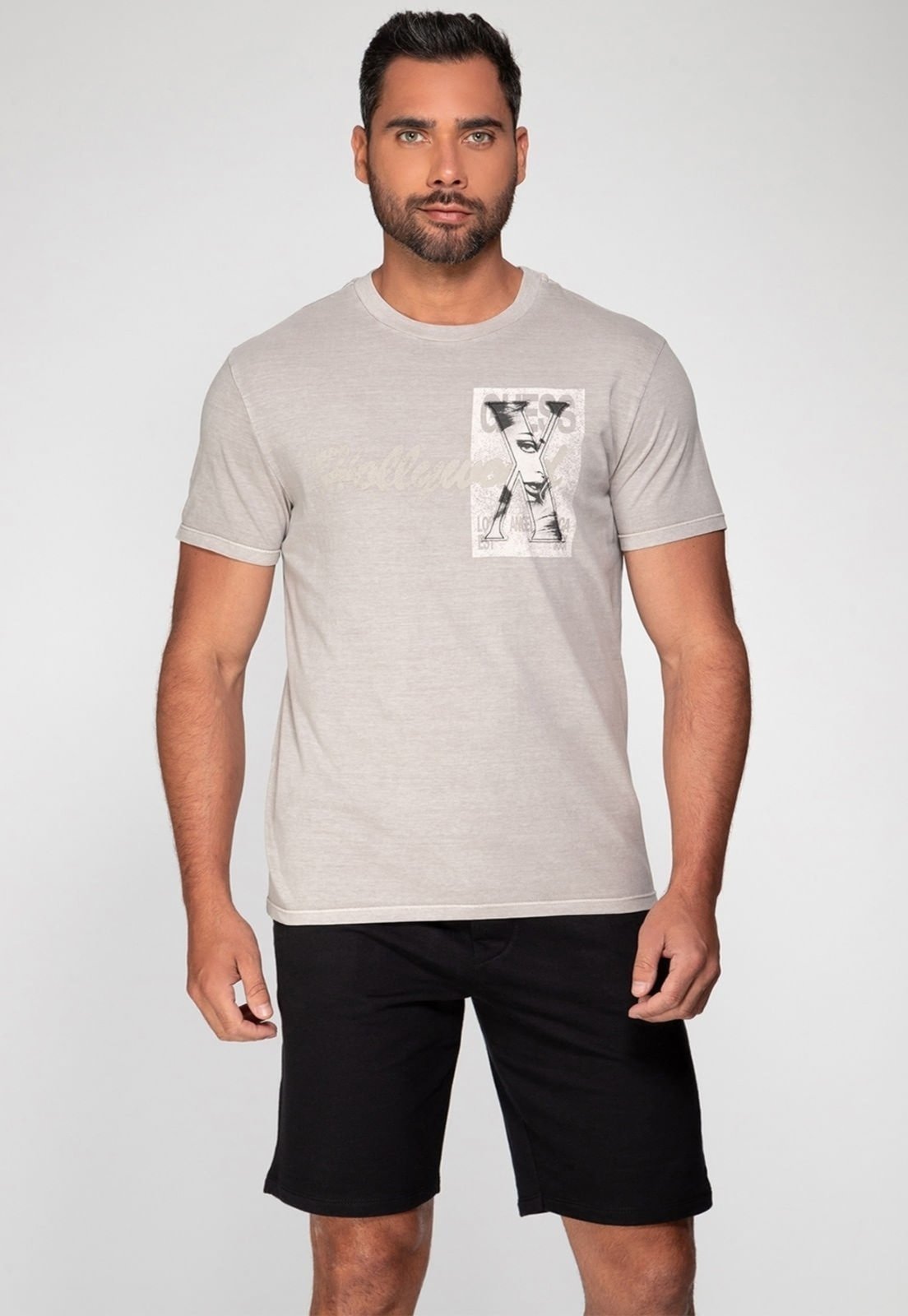Camiseta Guess Estonada Hollywood Bege