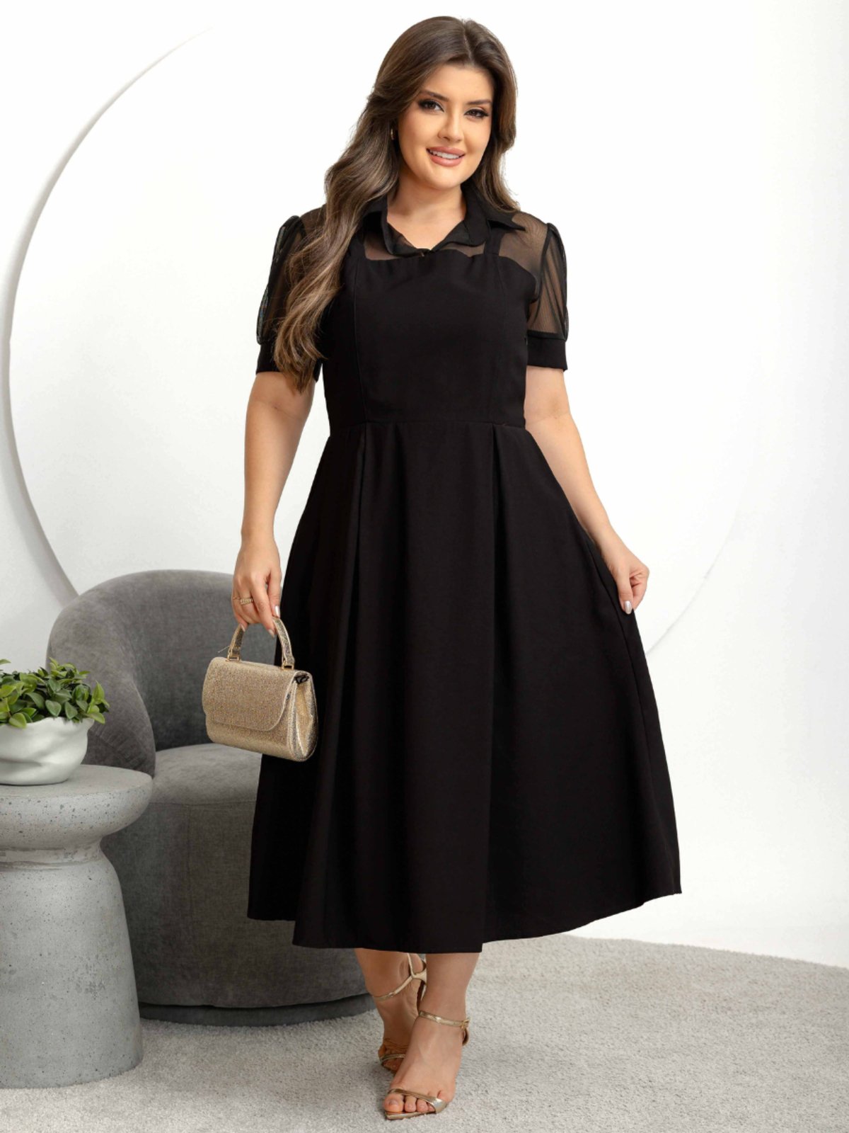 Vestido Feminino Midi Elegante Rodado Sensorial Marrante de Festa Convidada Formal Modesto Preto