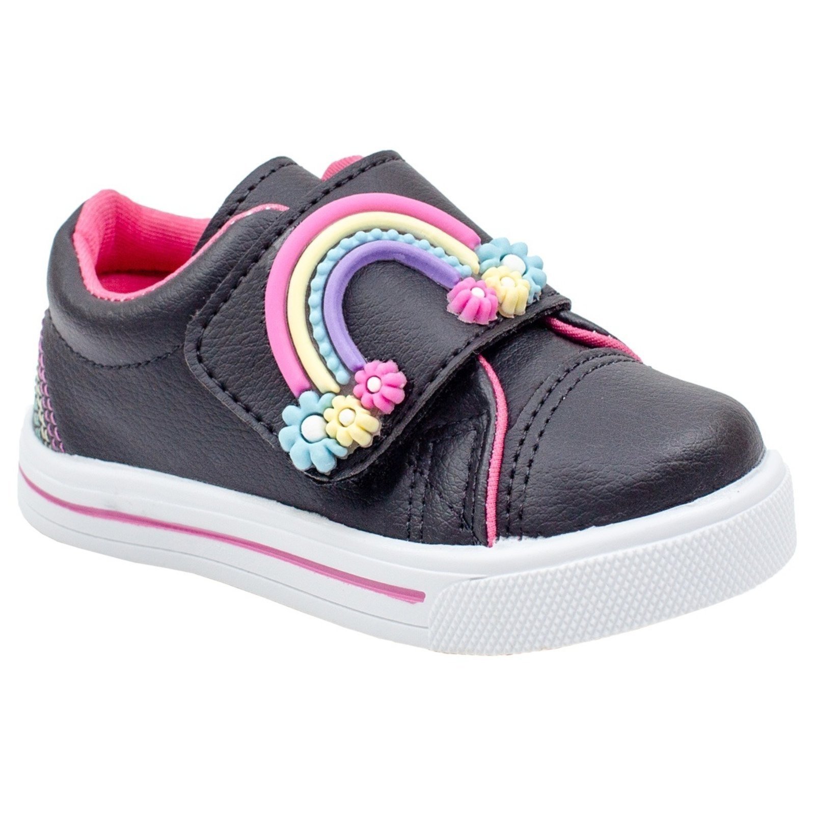 Infantil – Tênis Menina Linda Jú Arco-Íris Brilho Flor Colorido Moda Star Confortável 20 ao 27 Preto