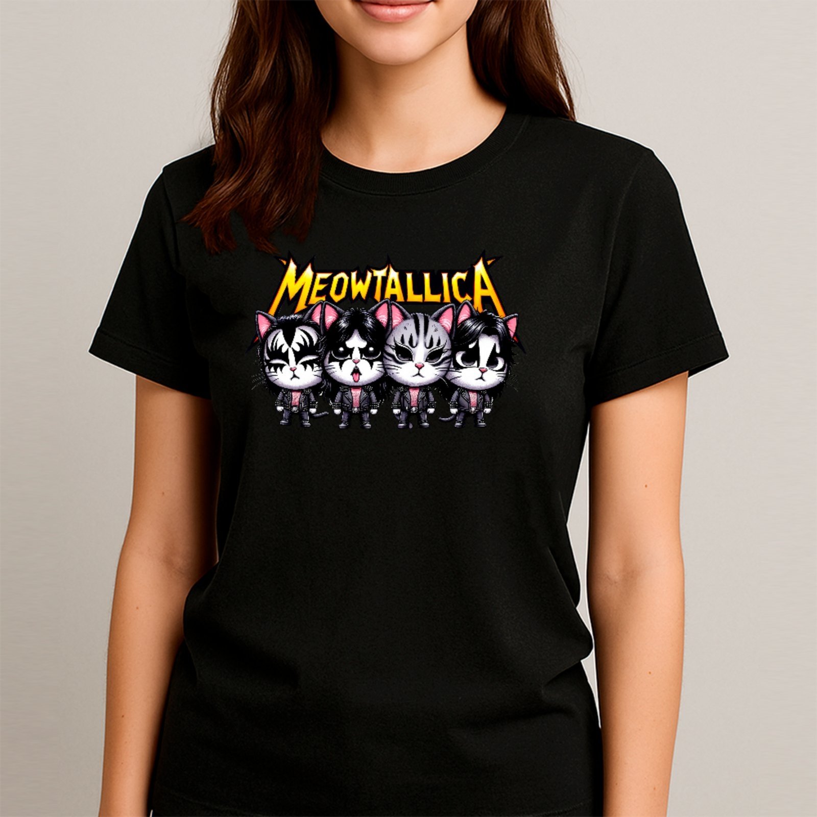 Camiseta Ousy Básica Cats Meowtallica Humor Meme Feminina Preto