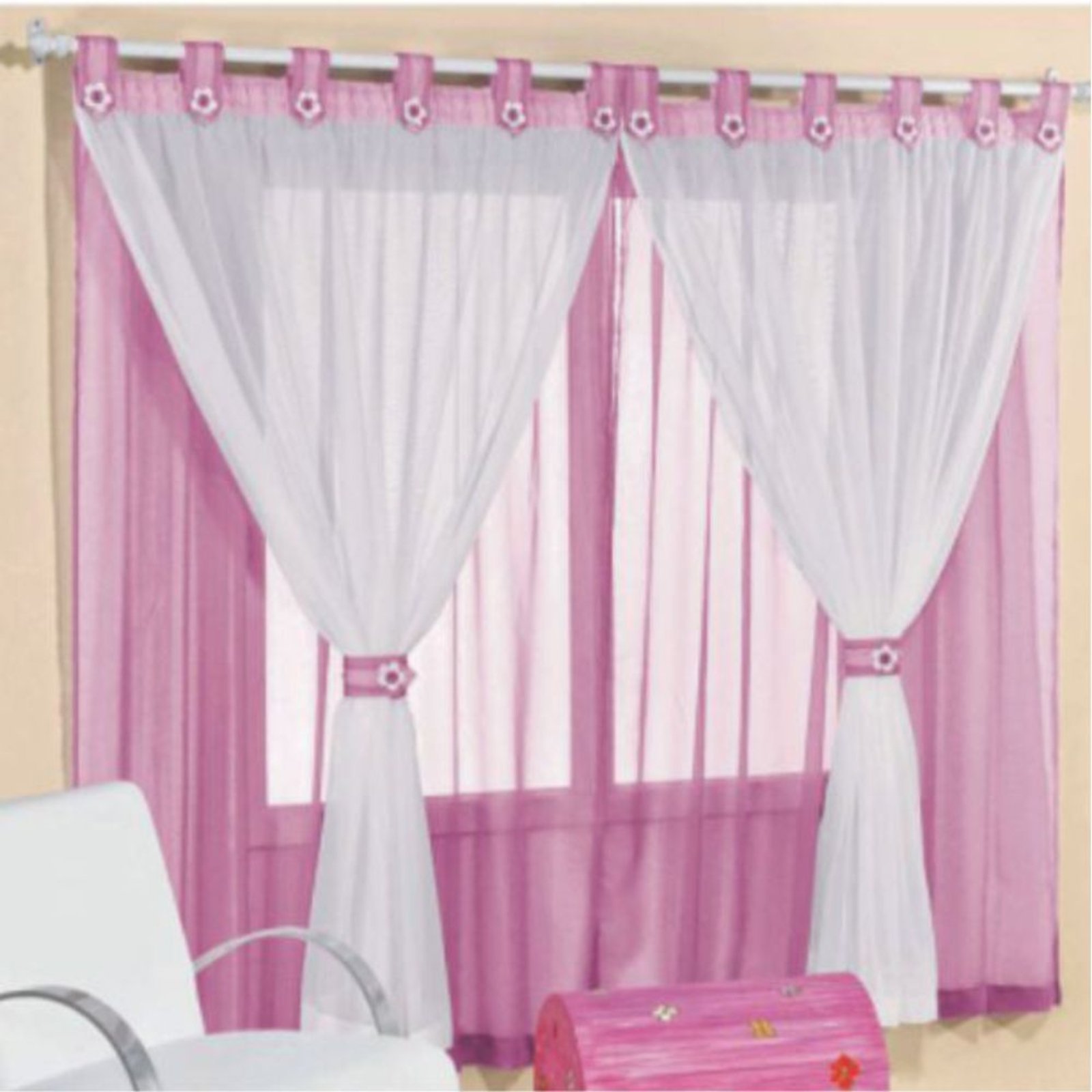 Cortina 2,00m X 1,70m Alt. Decoração Quarto em Voal para Varão - Rosa - 100% Poliéster