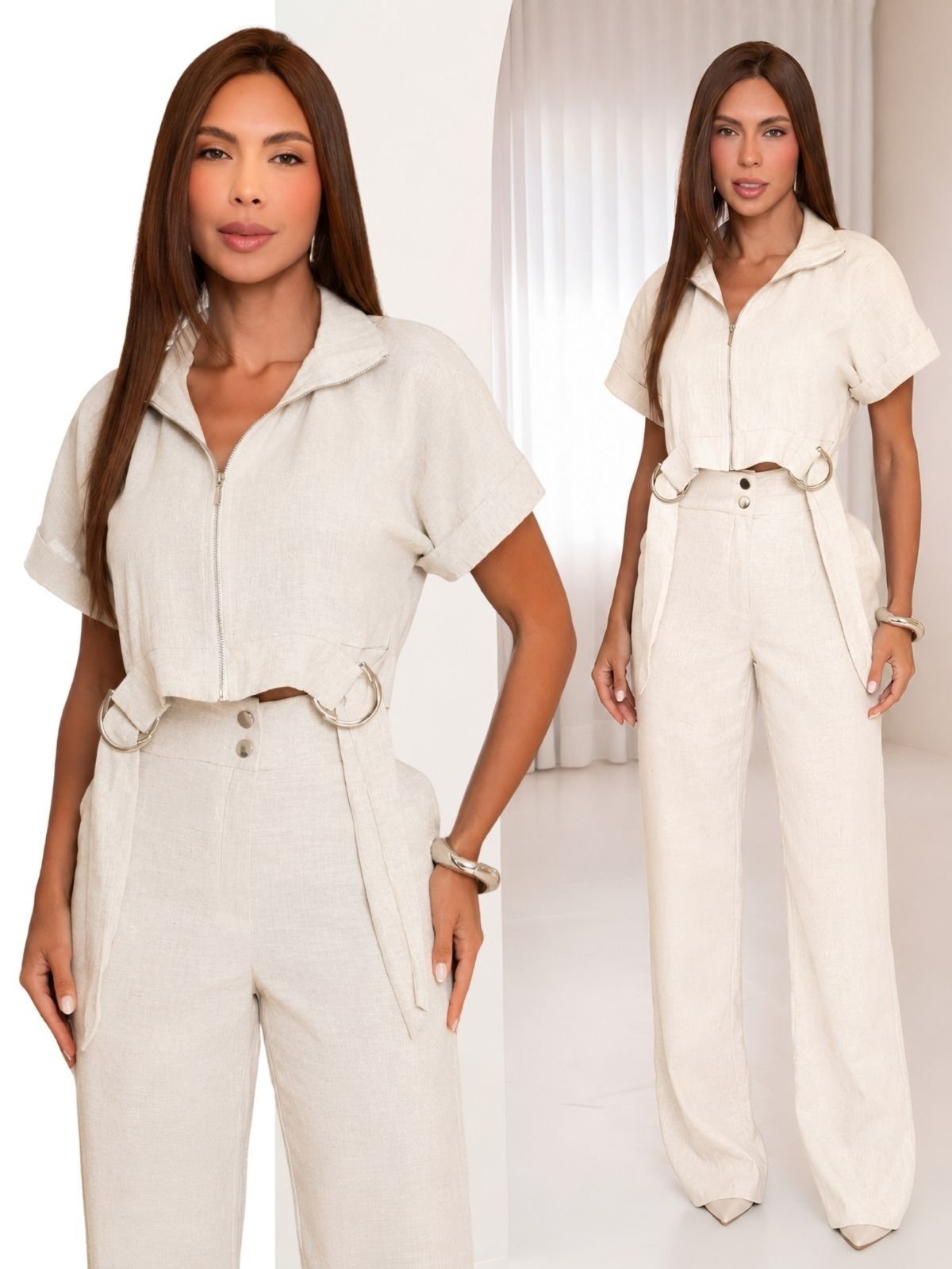 Conjunto Feminino Alfaiataria Longo Tropical Fashion Cropped e Calça - Branco