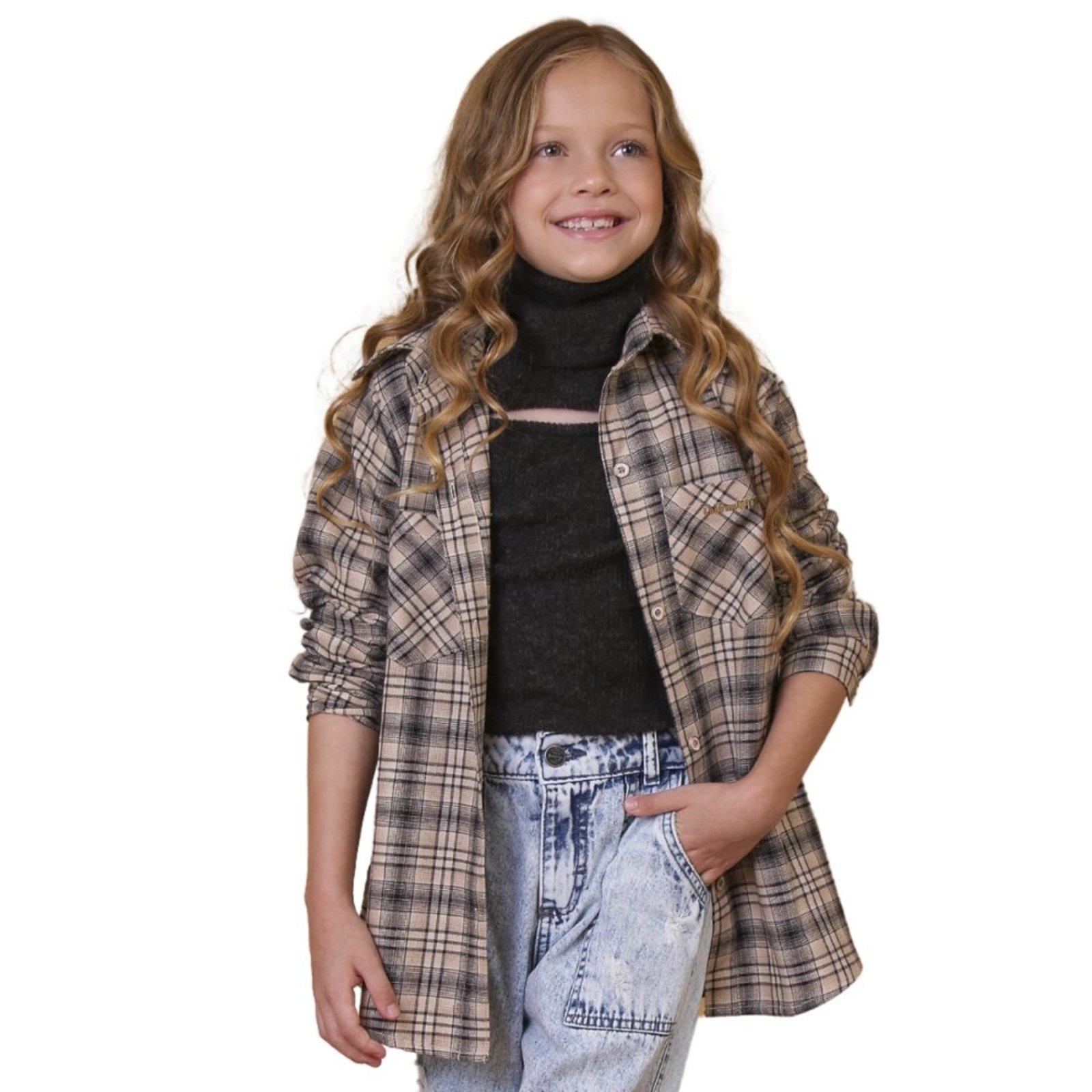 Infantil - Camisa Juvenil Look Jeans Alongada Xadrez Marrom