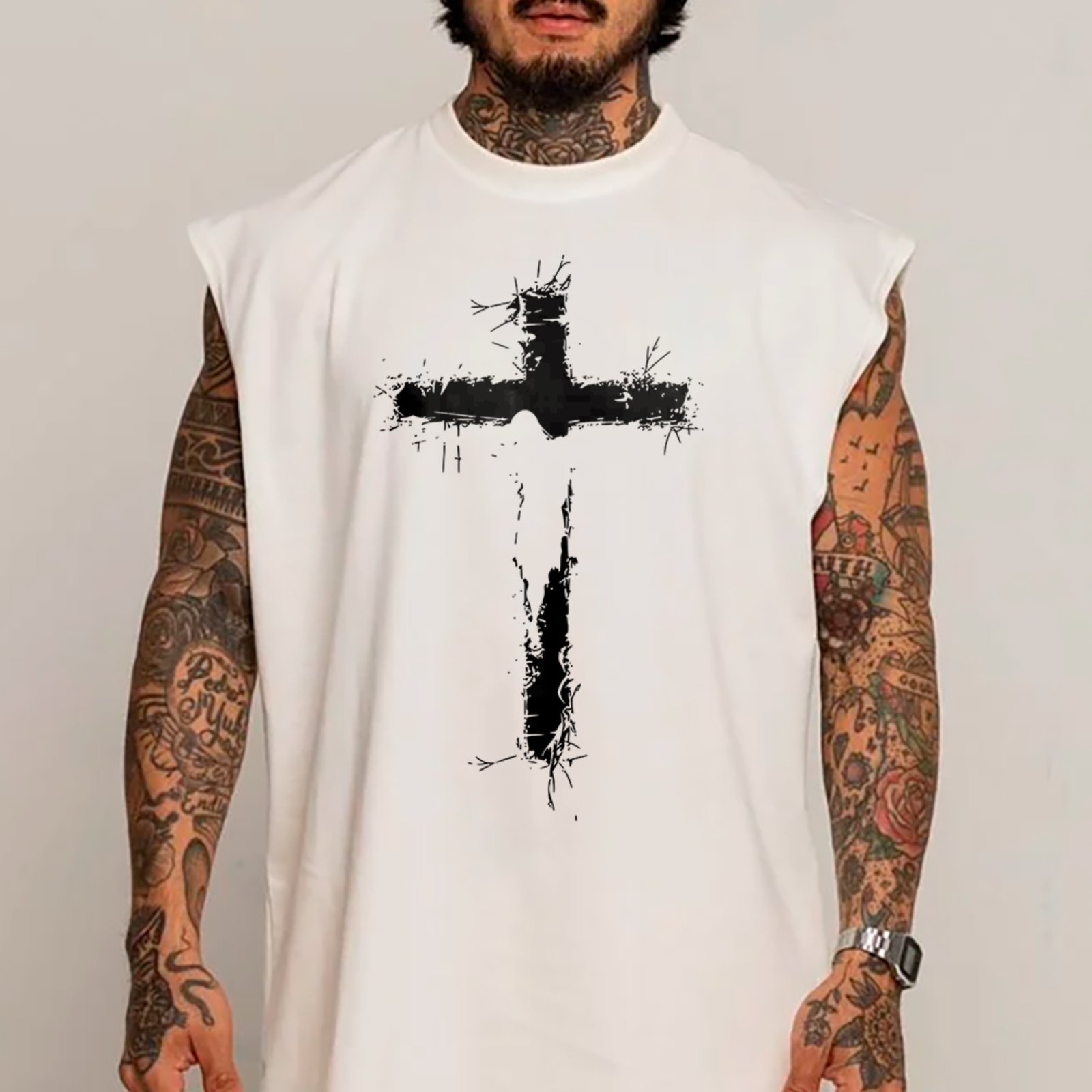 Camiseta Regata Machão Cruz Cristã Streetwear Gospel Premium Branco