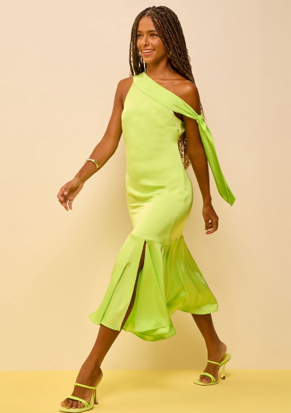 Vestido Zinco Ajustado Decote Reto Sem Manga Midi Verde