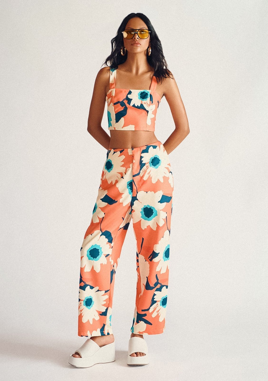 Vista 3 Calça Zinco Lebôh Reta Cós Alto Bolso-Faca laranja Zinco laranja