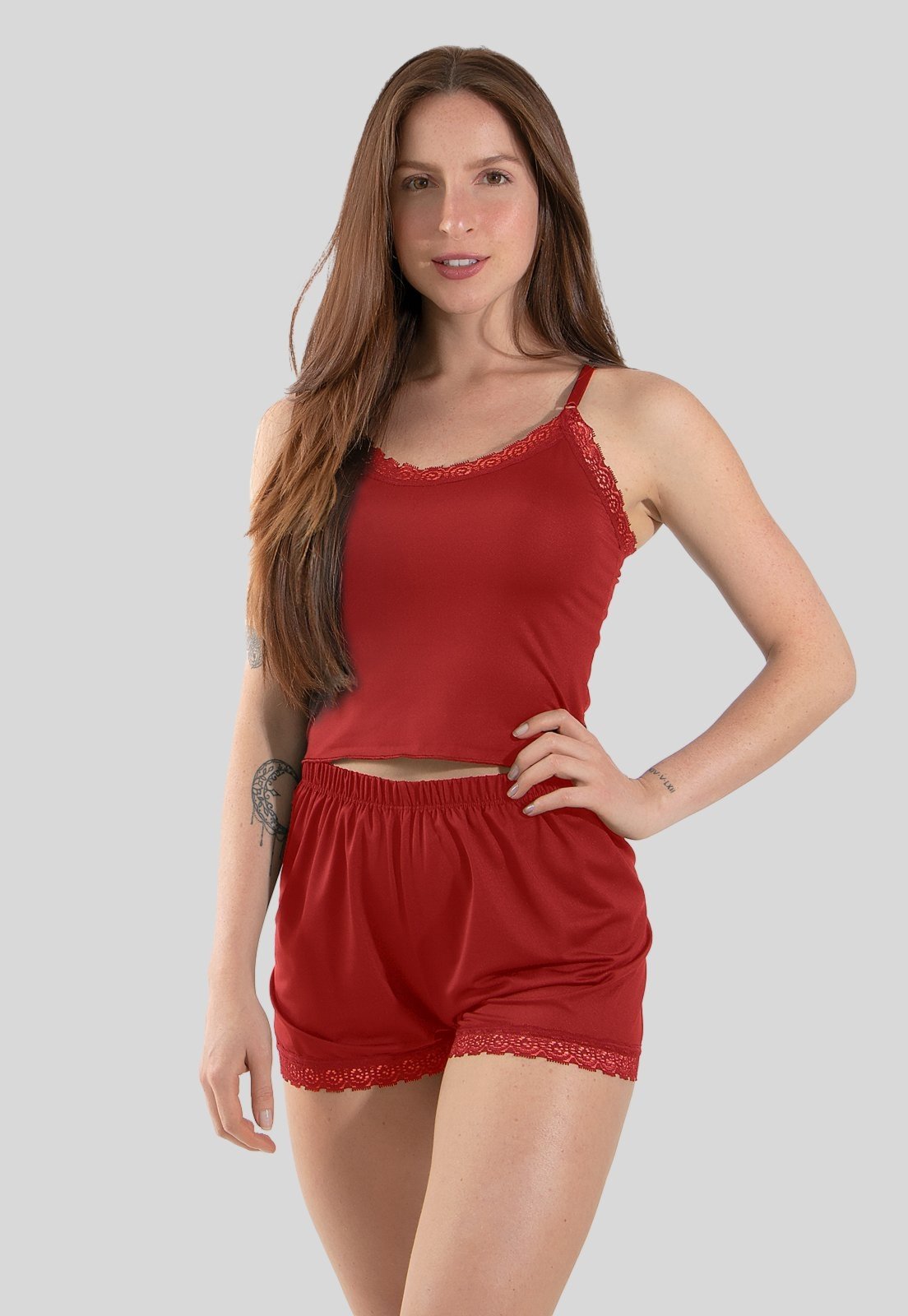Vista 3 Pijama Feminino Curto Linha Noite Short Doll com Renda preto Linha Noite preto