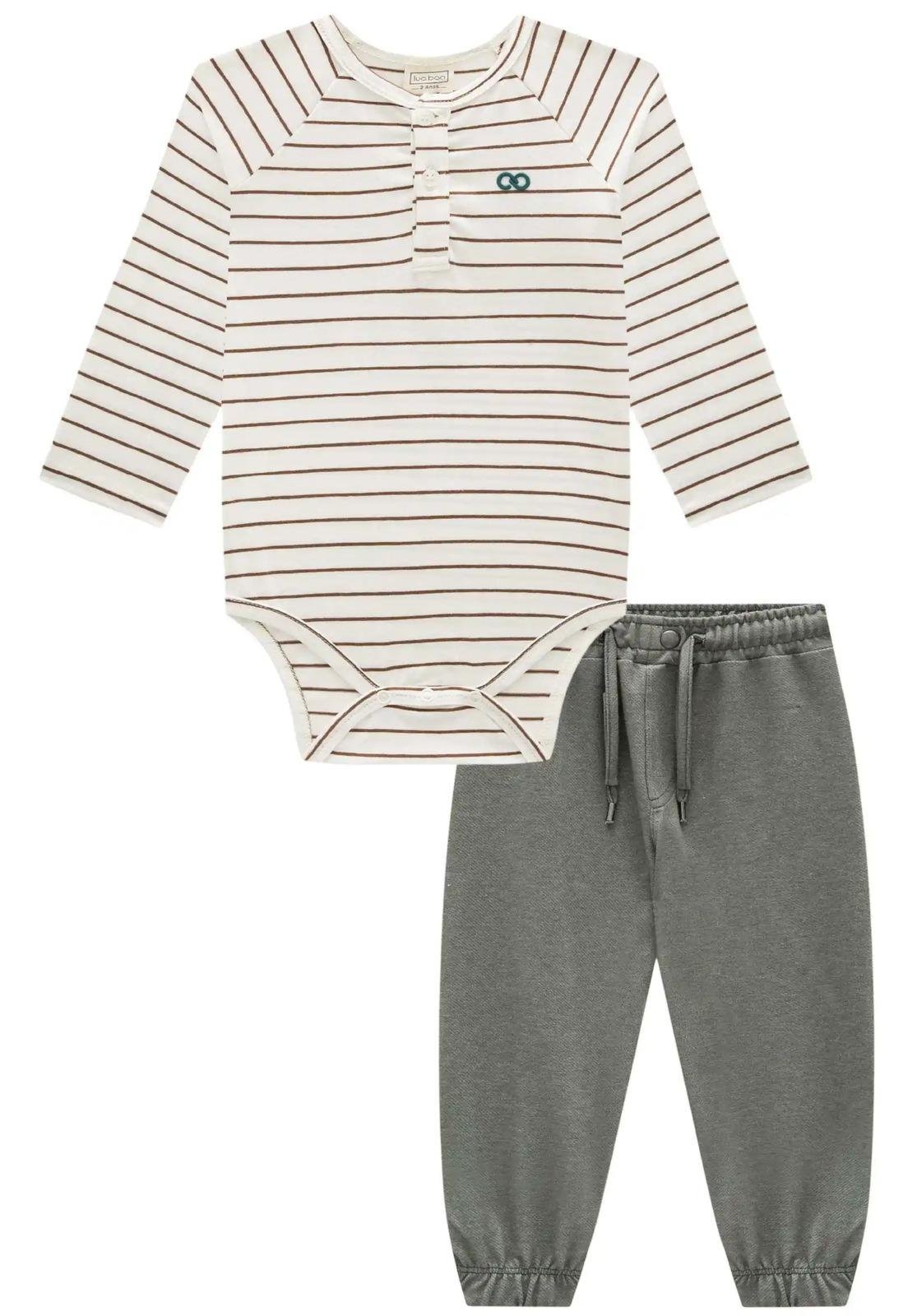 Infantil - Conjunto Calça Body Listrado Menino LucBoo G Branco