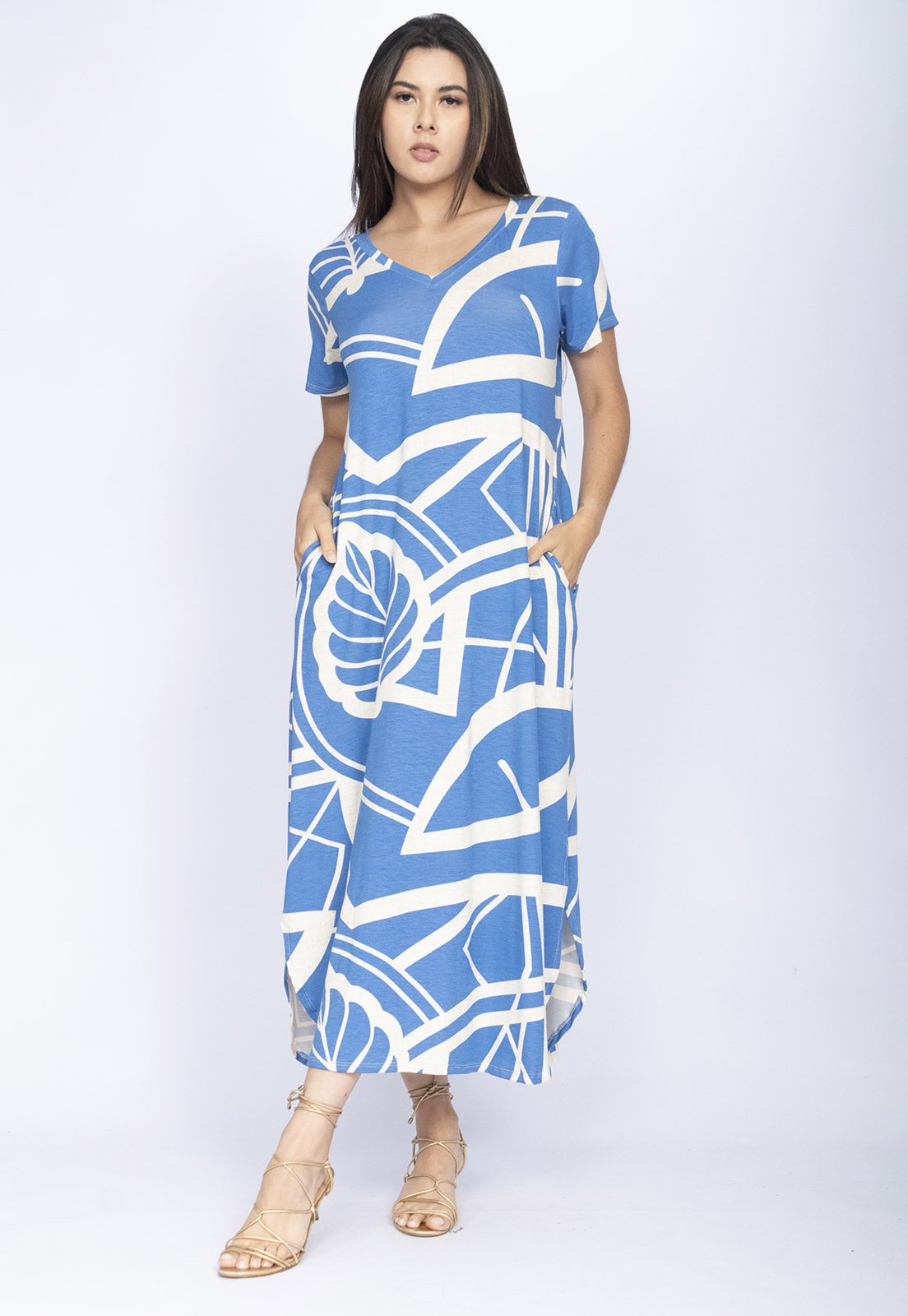 Vestido CabanaFree Midi Abapã Malha com Bolso Estampa Lagoa Botânica