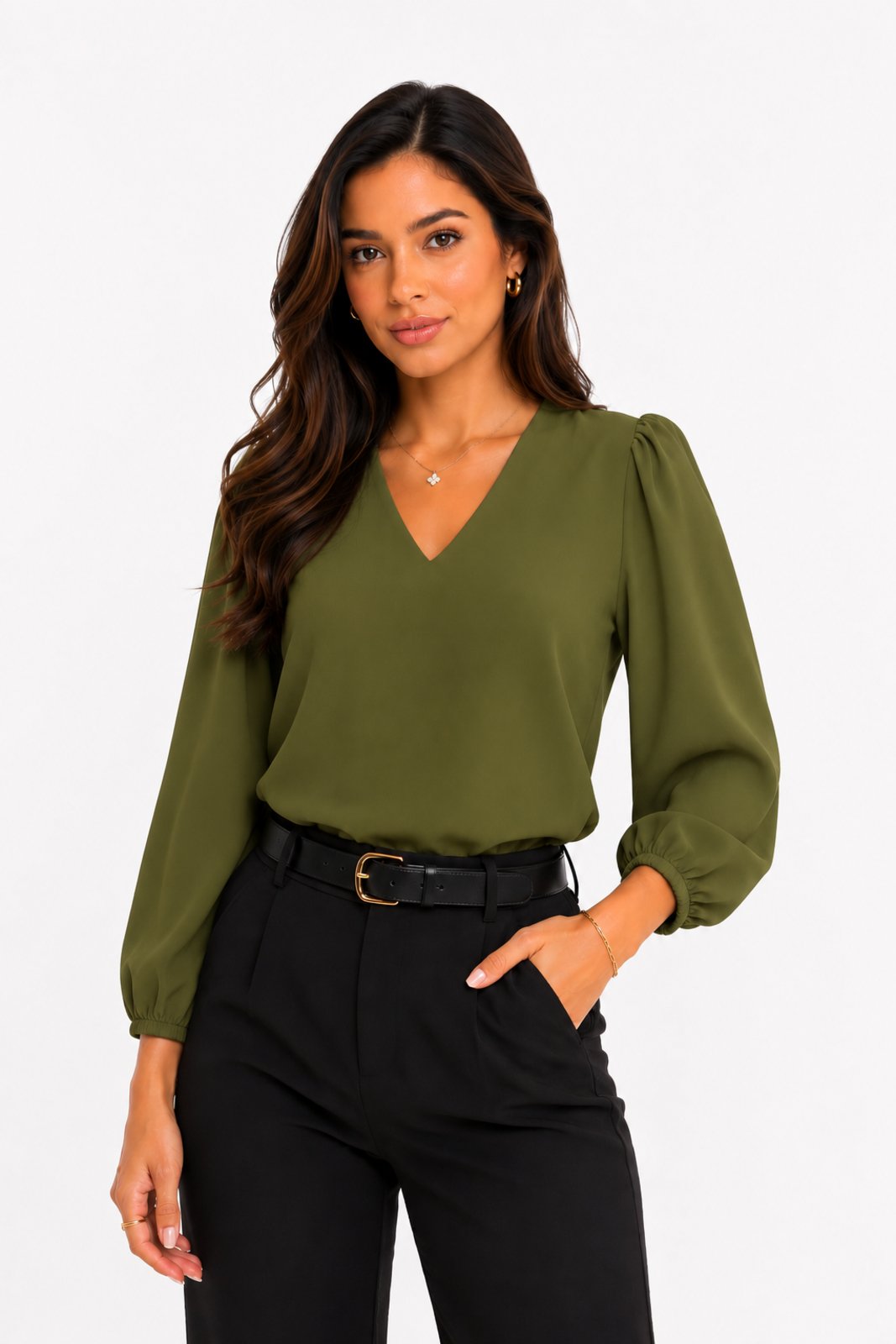 Blusa Feminina D Bell Outlet Fashion Gola V Verde Oliva
