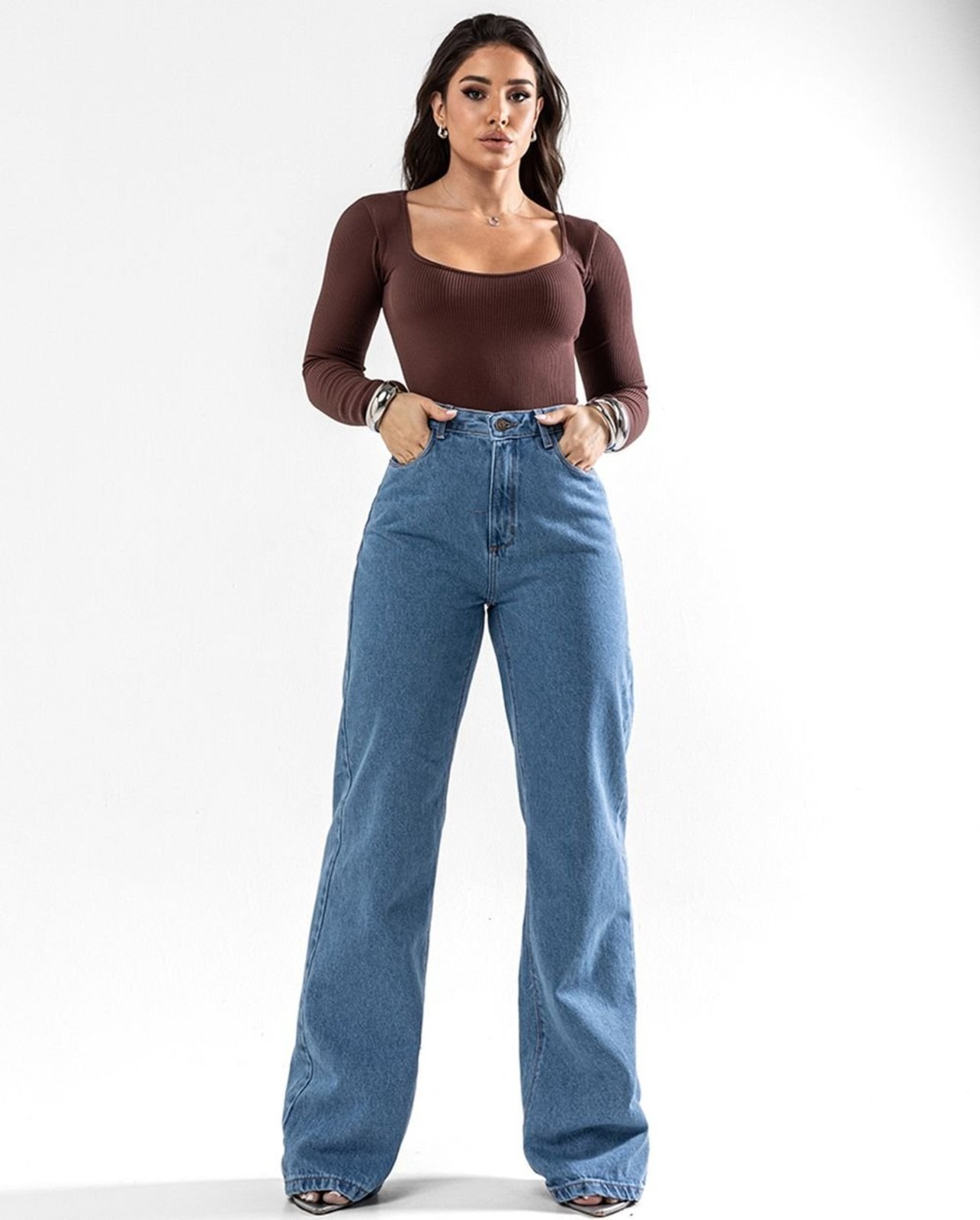 Calça Jeans Wide Leg Feminina Cintura Alta Básica Algodão 29000 Média Consciência