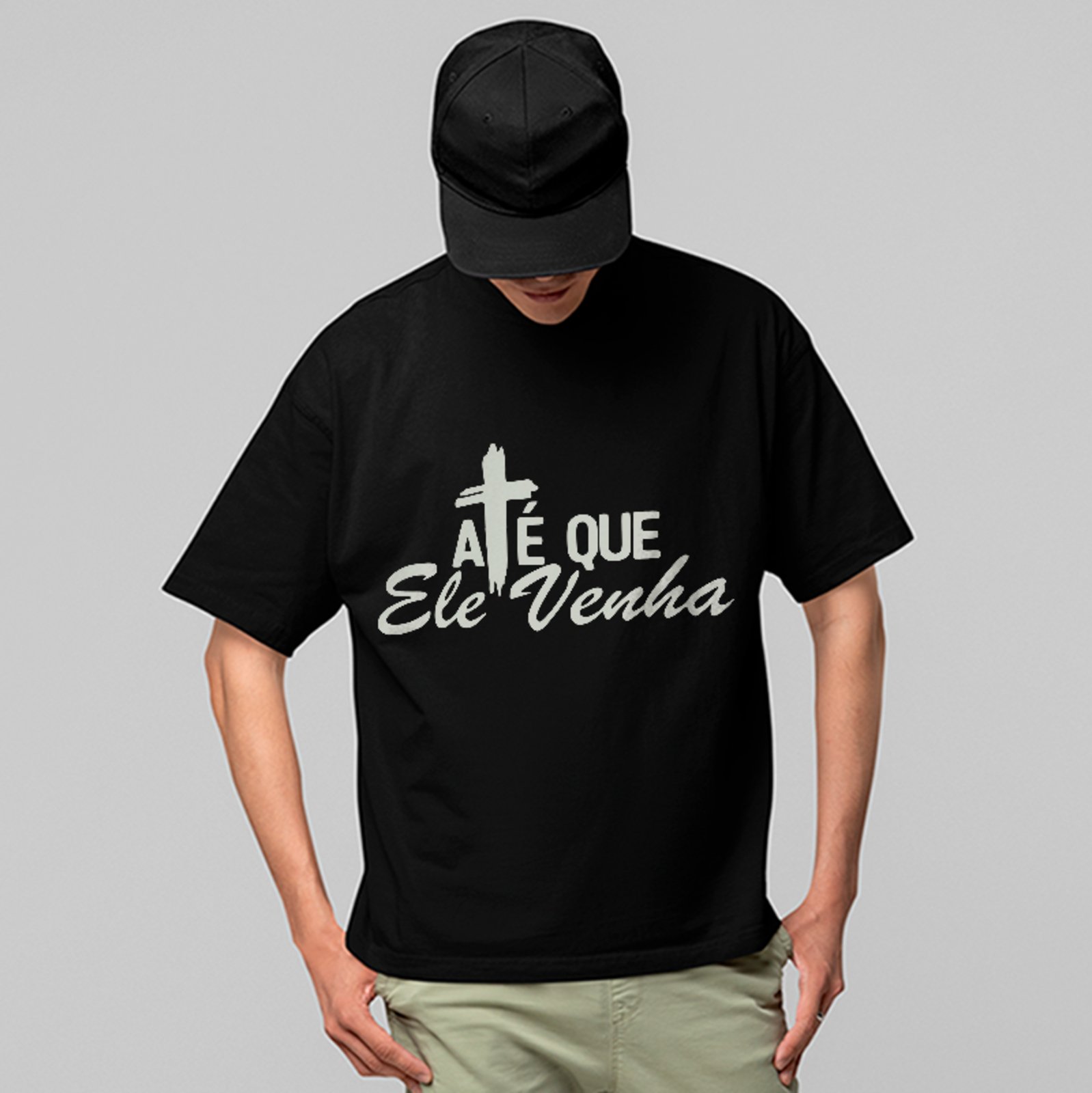 Camiseta Oversized Até Que Ele Venha Gospel Frase Cristã Fé Jesus Cristo Unissex Preto