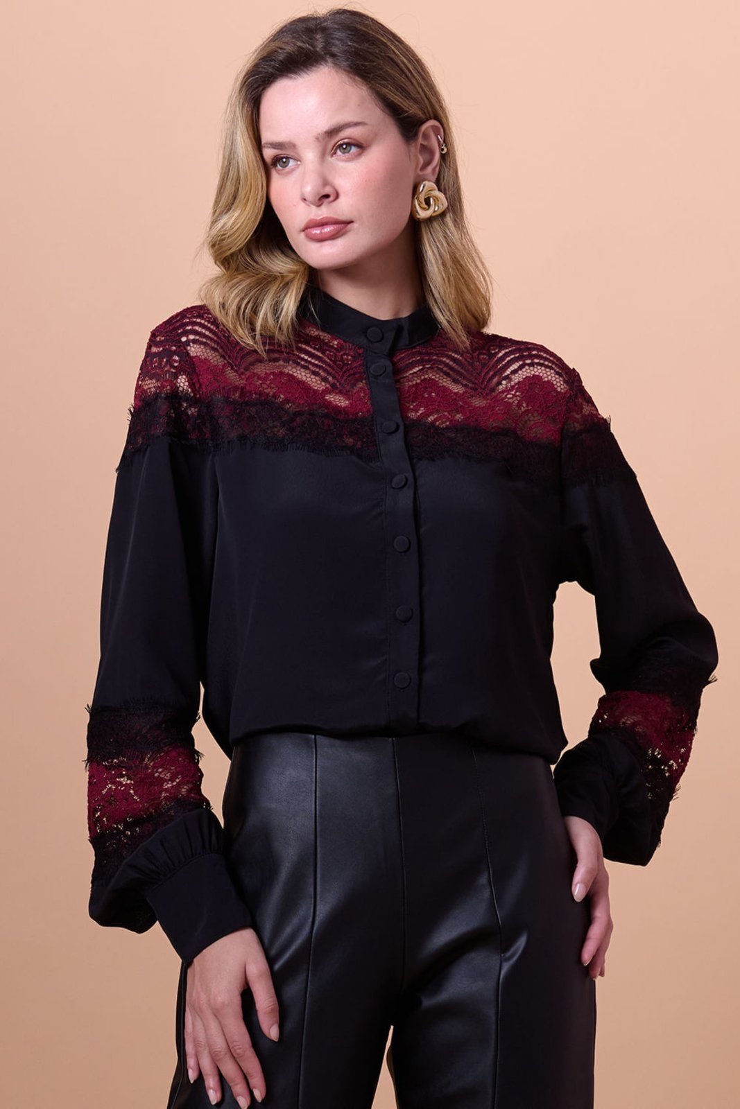 Camisa Feminina Manga Longa Rendada Smk Vinho
