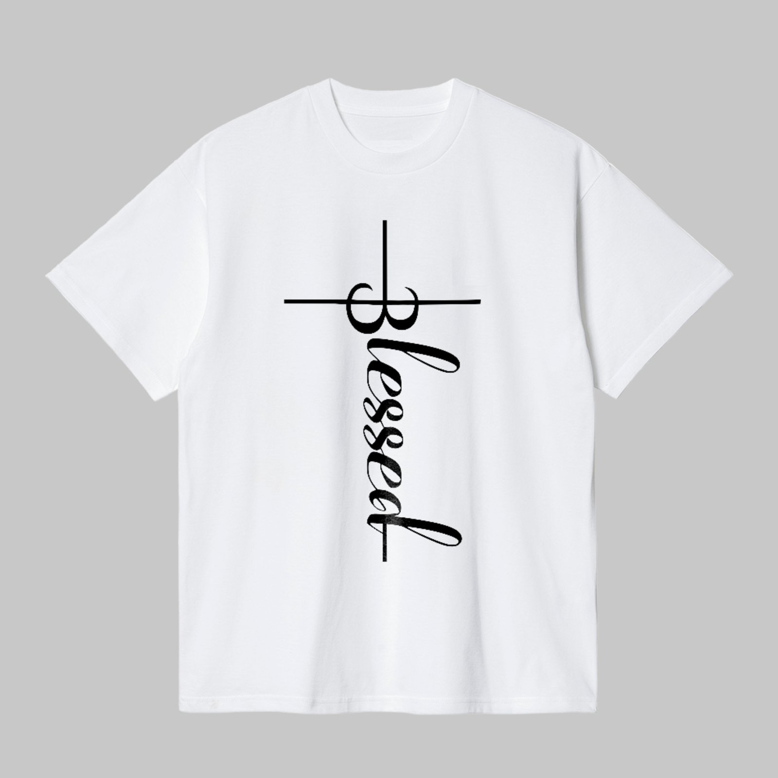 Camiseta Básica Blessed Cruz Minimalista Fé Cristã Style Branco