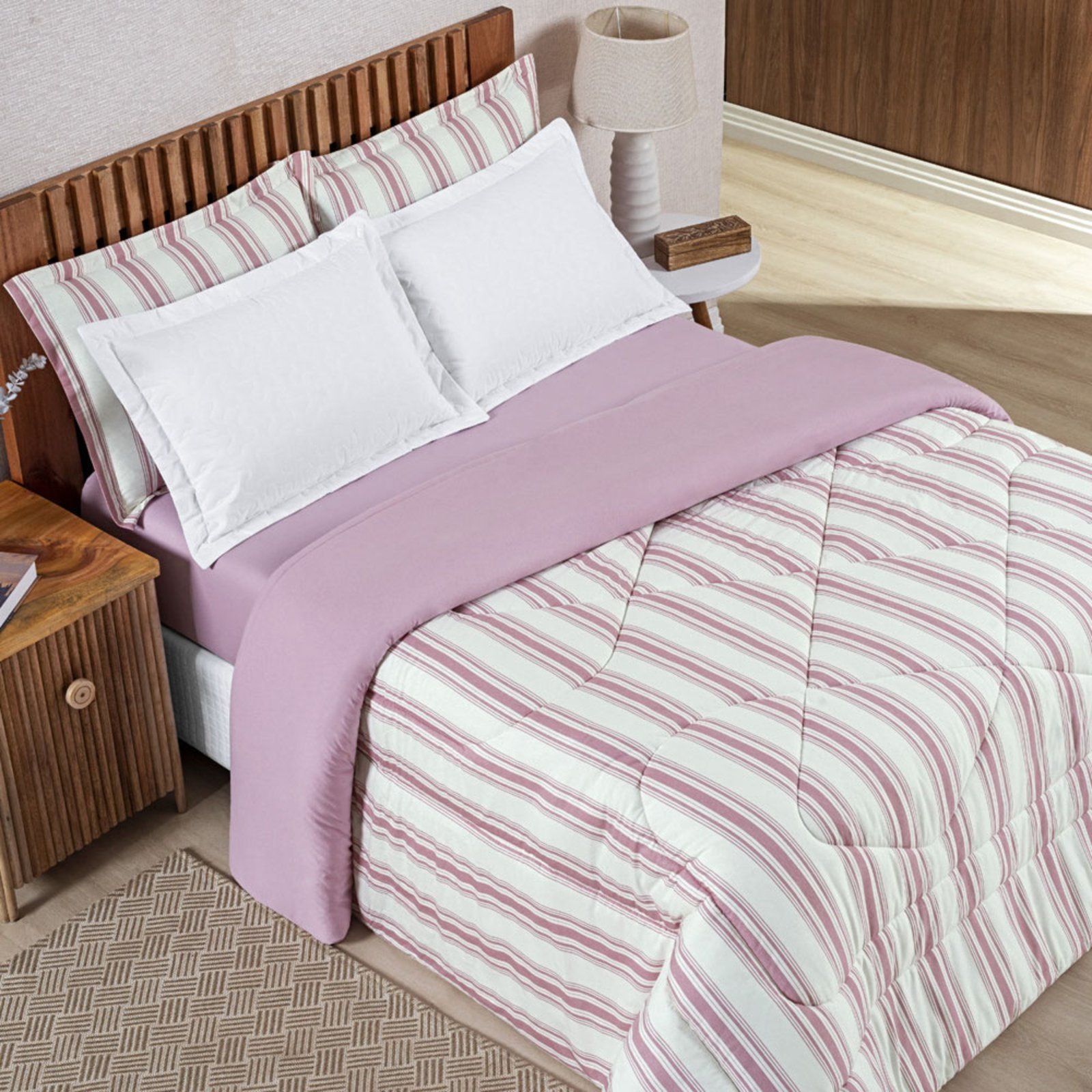 Edredom Cobertor Casa Scarpa Daily Super King Malha Listrado Dupla Face Fio Penteado - Rosê
