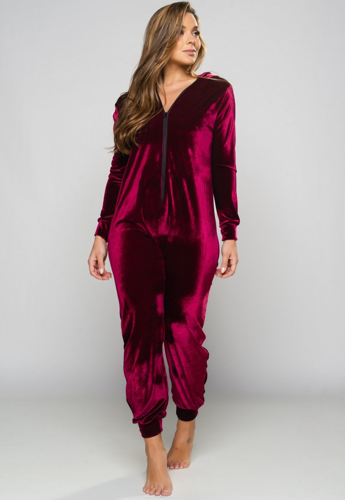 Macacão Veludo Longo MVB Modas Feminino Manga Longa Pijama Canguru Vinho
