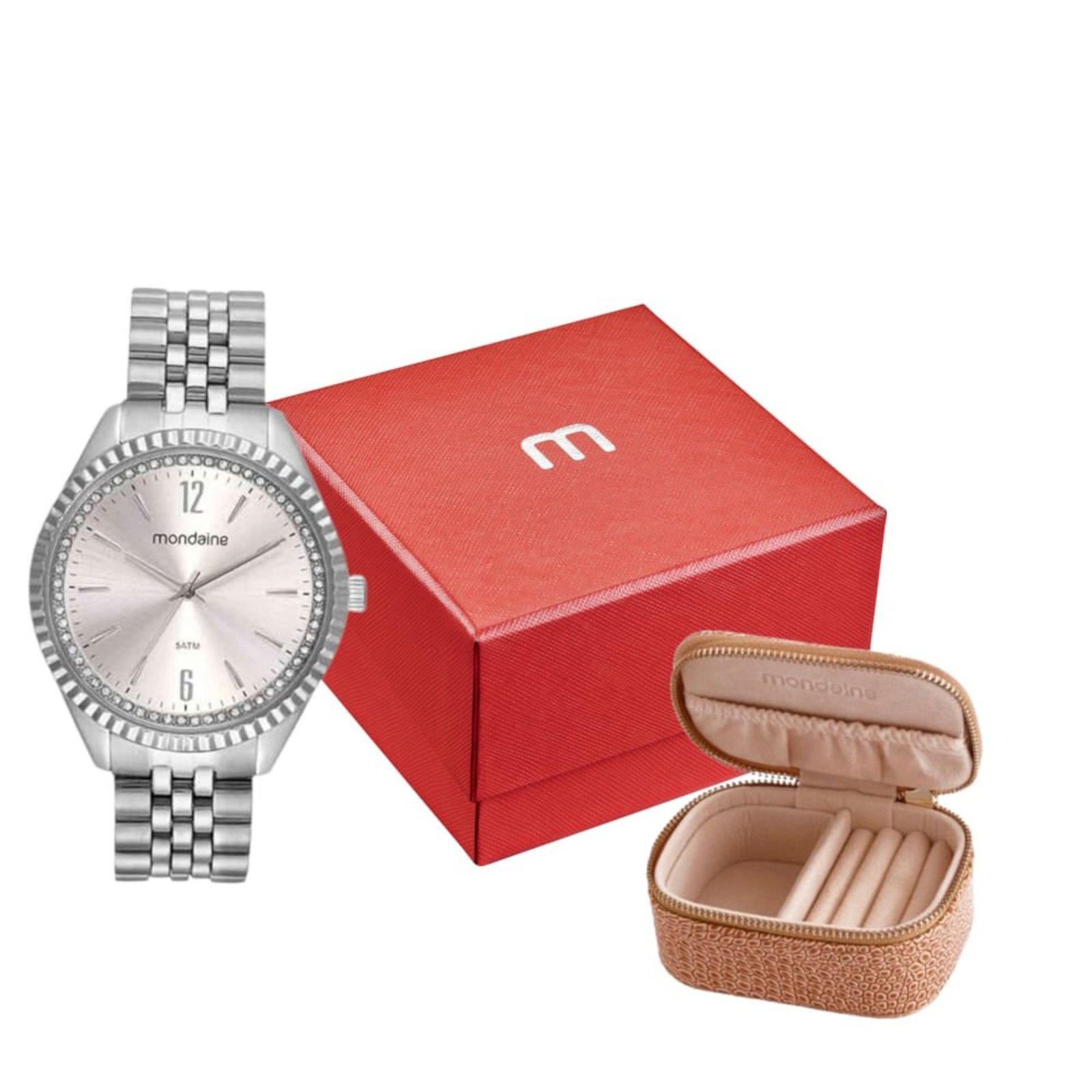 Kit Relógio Feminino Cristais Prata Com Porta-Joias Mondaine