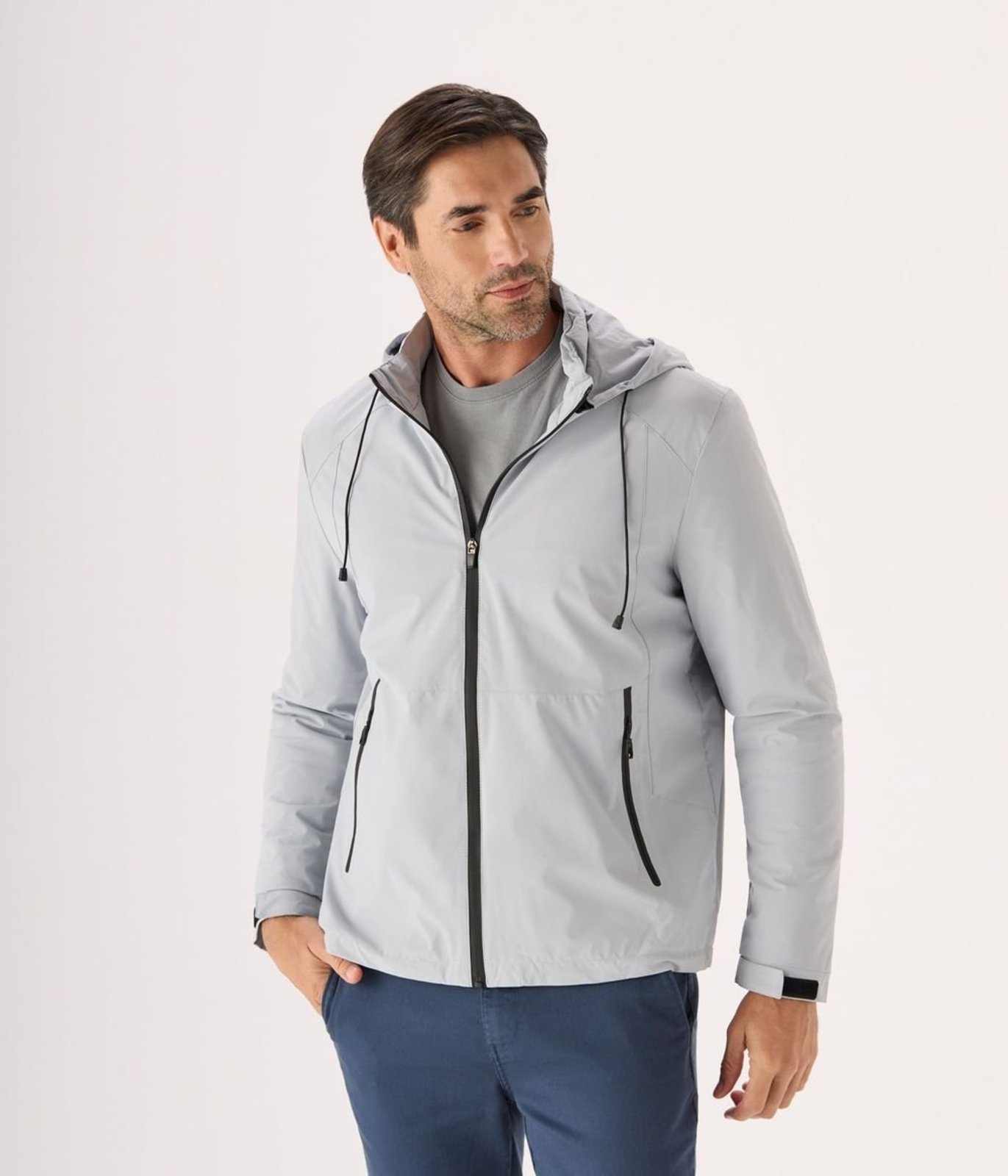 Jaqueta Makenji Corta Vento Com Capuz Removivel Masculina Cinza Gelo