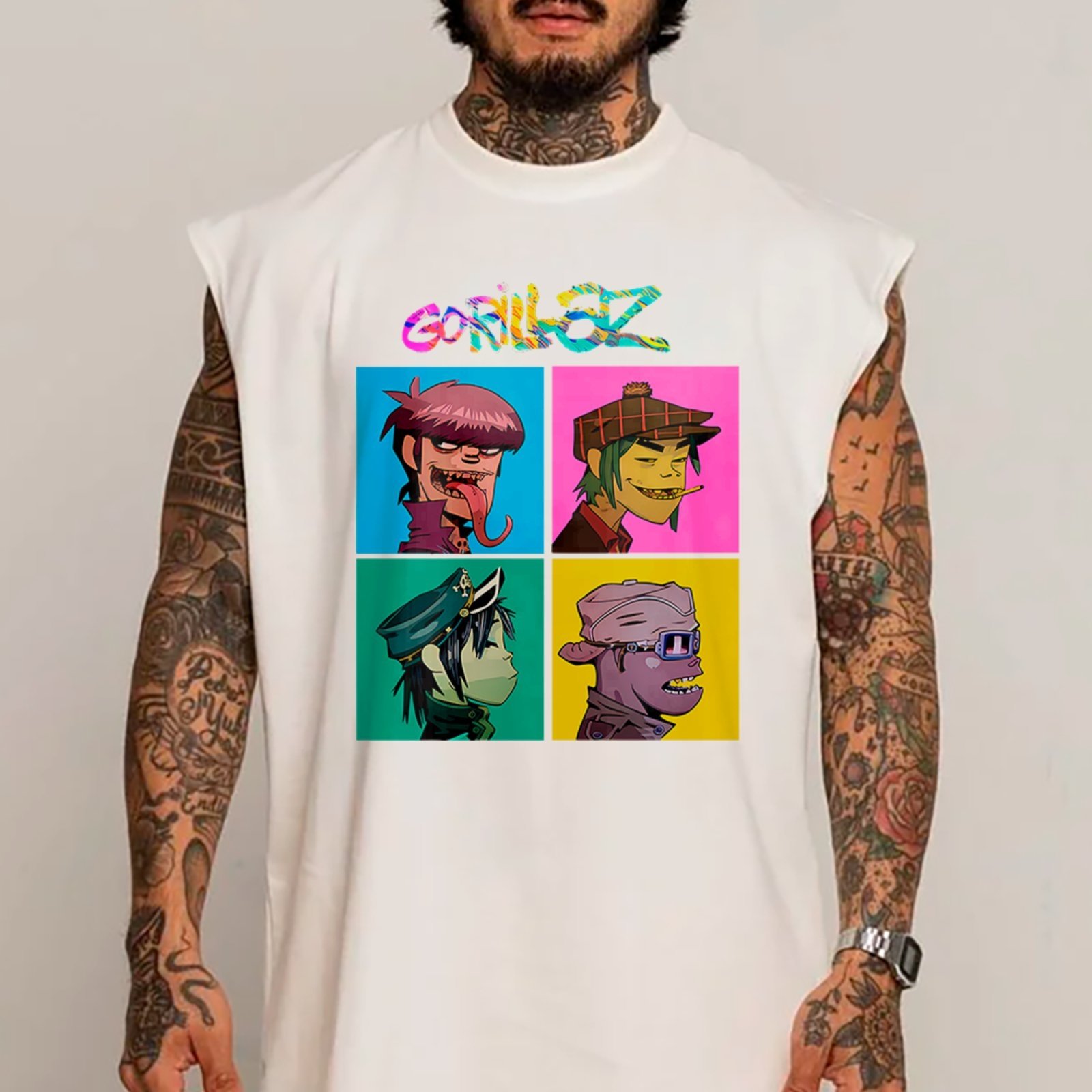 Camiseta Regata Machão Banda Gorillaz Cartoon Music Streetwear Branco